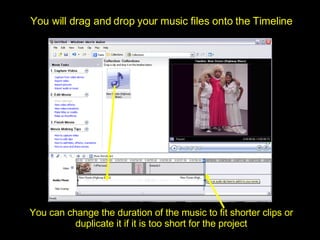 You can change the duration of the music to fit shorter clips or duplicate it if it is too short for the project You will drag and drop your music files onto the Timeline
