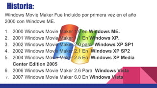 Historia:
Windows Movie Maker Fue Incluido por primera vez en el año
2000 con Windows ME.
1. 2000 Windows Movie Maker 1.0 en Windows ME.
2. 2001 Windows Movie Maker 1.1 En Windows XP.
3. 2002 Windows Movie Maker 2.0 para Windows XP SP1
4. 2002 Windows Movie Maker 2.1 En Windows XP SP2
5. 2004 Windows Movie Maker 2.5 En Windows XP Media
Center Edition 2005
6. 2006 Windows Movie Maker 2.6 Para Windows Vista
7. 2007 Windows Movie Maker 6.0 En Windows Vista
 