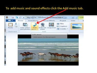 To add music and sound effects click the Add music tab.