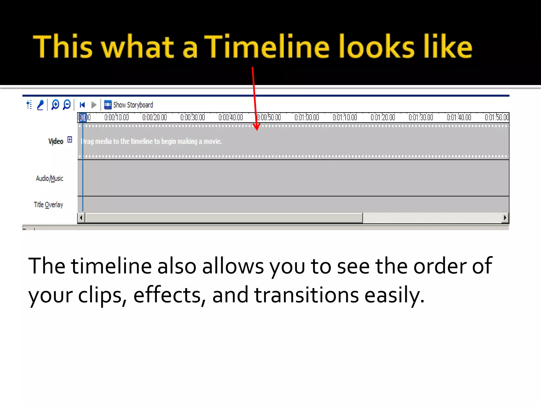 The timeline also allows you to see the order of
your clips, effects, and transitions easily.
 