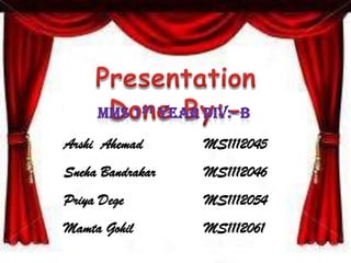 Arshi Ahemad      MS1112045
Sneha Bandrakar   MS1112046
Priya Dege        MS1112054
Mamta Gohil       MS1112061
 