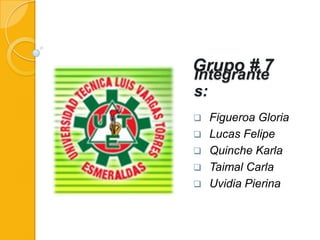 Grupo # 7
 Figueroa Gloria
 Lucas Felipe
 Quinche Karla
 Taimal Carla
 Uvidia Pierina
Integrante
s:
 