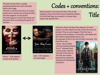 Codes + conventions:
Title
The title of each film is usually
positioned below the main character
within the image.
The title is not the main focus on movie
posters but it stands out among all other
text that appears on the poster.
The title appears in bold interesting and
attractive font contrasting the genre of
the film:
Horror – title appears
unease and spooky.
Love – title appears
fun and happy.
Movie posters must print the films’ title as the
audience have to be informed of important details
of a film that they can research or ensure they
watch that specific film.
However, there has been few releases of movie
posters of a film where the title of the film was not
printed. This can only happen if the film has a
massive niche audience, a franchise, and where the
film itself is being talked about a lot.
An example of this is the Harry Potter franchise. The
final film in the
series; ‘Harry Potter
and the Deathly Hollows
Part 2” released their
movie poster without
the title of the film as
the film was widely
expected by audiences
because the blockbuster had previously been so
successful.
 