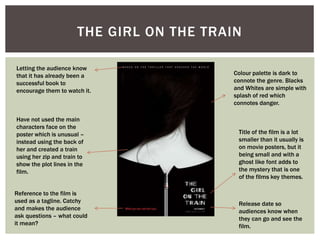 THE GIRL ON THE TRAIN
Reference to the film is
used as a tagline. Catchy
and makes the audience
ask questions – what could
it mean?
Release date so
audiences know when
they can go and see the
film.
Title of the film is a lot
smaller than it usually is
on movie posters, but it
being small and with a
ghost like font adds to
the mystery that is one
of the films key themes.
Colour palette is dark to
connote the genre. Blacks
and Whites are simple with
splash of red which
connotes danger.
Have not used the main
characters face on the
poster which is unusual –
instead using the back of
her and created a train
using her zip and train to
show the plot lines in the
film.
Letting the audience know
that it has already been a
successful book to
encourage them to watch it.
 