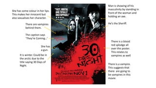 There are vampires
behind them.
The caption says
‘They’re Coming…’
There is a vampire.
This suggests that
there are going to
be vampires in this
movie.
Man is showing of his
masculinity by standing in
front of the woman and
holding an axe.
He’s the Sheriff.
She has
a gun.
There is a blood
red splodge all
over the poster.
This relates to
vampires as well
She has some colour in her lips.
This makes her innocent but
also sexualises her character.
It is winter. Could be in
the arctic due to the
title saying 30 Days of
Night.
 