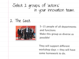 Select 2 groups of ‘actors’
             in your innovation team.

2. The Cast
                5-15 people of all departments
                and functions
                Make this group as diverse as
                possible!

                They will support different
                workshop days + they will have
                some homework to do.
 
