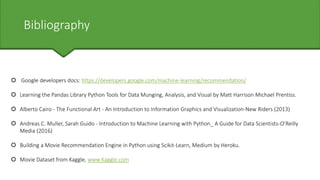 Bibliography
 Google developers docs: https://developers.google.com/machine-learning/recommendation/
 Learning the Pandas Library Python Tools for Data Munging, Analysis, and Visual by Matt Harrison Michael Prentiss.
 Alberto Cairo - The Functional Art - An Introduction to Information Graphics and Visualization-New Riders (2013)
 Andreas C. Muller, Sarah Guido - Introduction to Machine Learning with Python_ A Guide for Data Scientists-O’Reilly
Media (2016)
 Building a Movie Recommendation Engine in Python using Scikit-Learn, Medium by Heroku.
 Movie Dataset from Kaggle, www.Kaggle.com
 