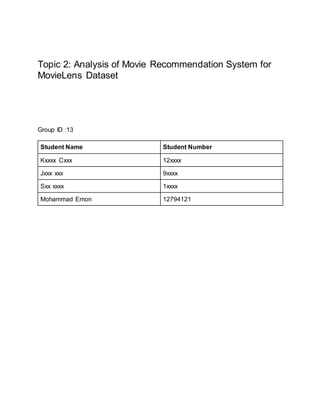 Topic 2: Analysis of Movie Recommendation System for
MovieLens Dataset
Group ID :13
Student Name Student Number
Kxxxx Cxxx 12xxxx
Jxxx xxx 9xxxx
Sxx xxxx 1xxxx
Mohammad Emon 12794121
 