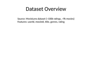 Dataset Overview
Source: MovieLens dataset (~100k ratings, ~9k movies)
Features: userId, movieId, title, genres, rating
 