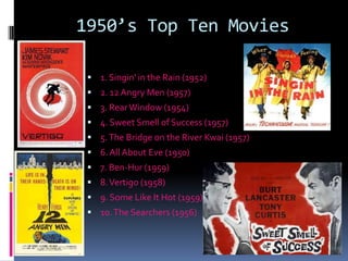 1950’s Top Ten Movies<br />1. Singin' in the Rain (1952) <br />2. 12 Angry Men (1957)<br />3. Rear Window (1954)<br />4. S...