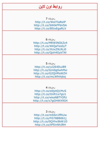 ‫روابط‬‫الين‬ ‫اون‬
‫رمزيات‬1
http://t.co/Wol7IaRelP
http://t.co/SWtkFFbVSA
http://t.co/B5ixEgaRLV
‫رمزيات‬6
http://t.co/MRWINGkZz4
http://t.co/XKQaTes0yT
http://t.co/XUxZ9LRLi0
http://t.co/Qoh4GykTAl
‫رمزيات‬5
http://t.co/uI264DuiB9
http://t.co/Gm0g0whMxi
http://t.co/G2QVPlsWZH
http://t.co/mLWfnhjtej
‫رمزيات‬2
http://t.co/e0jztQ1MvS
http://t.co/Onft1o7gU1
http://t.co/wkaN8TYOfU
http://t.co/x7gGHWX9G4
‫رمزيات‬3
http://t.co/mSSn1ffhUw
http://t.co/FG788B061j
http://t.co/0QYhx9bW1D
http://t.co/tP5inNhJRH
 