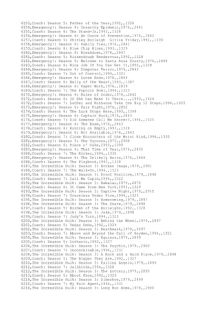 6153,Coach: Season 5: Father of the Year,1992,,1328
6154,Emergency!: Season 6: Insanity Epidemic,1976,,2841
6155,Coach: Season 6: The Stand-In,1993,,1328
6156,Emergency!: Season 6: An Ounce of Prevention,1976,,2842
6157,Coach: Season 5: Shirley Burleigh Girlie Friday,1992,,1330
6158,Emergency!: Season 6: Family Ties,1976,,2841
6159,Coach: Season 6: Blue Chip Blues,1993,,1329
6160,Emergency!: Season 6: Breakdown,1976,,2847
6161,Coach: Season 5: Rizzendough Rendezvous,1992,,1328
6162,Emergency!: Season 6: Welcome to Santa Rosa County,1976,,2844
6163,Coach: Season 6: Nice Job If You Can Get It,1993,,1328
6164,Emergency!: Season 6: Computer Terror,1976,,2843
6165,Coach: Season 7: Out of Control,1994,,1321
6166,Emergency!: Season 6: Loose Ends,1976,,2844
6167,Coach: Season 6: Belly of the Beast,1993,,1387
6168,Emergency!: Season 6: Paper Work,1976,,2839
6169,Coach: Season 7: The Popcorn Bowl,1994,,1323
6170,Emergency!: Season 6: Rules of Order,1976,,2842
6171,Coach: Season 6: If She Can Make It There...,1993,,1426
6172,Coach: Season 7: Luther and Ruthanne Take the Big 12 Steps,1994,,1323
6173,Emergency!: Season 6: Fair Fight,1976,,2852
6174,Coach: Season 6: The Luck Stops Here,1993,,1348
6175,Emergency!: Season 6: Captain Hook,1976,,2843
6176,Coach: Season 7: Did Someone Call Me Snorer?,1994,,1325
6177,Emergency!: Season 6: The Exam,1976,,2843
6178,Coach: Season 6: Running on Empty,1993,,1328
6179,Emergency!: Season 6: Not Available,1976,,2843
6180,Coach: Season 7: Close Encounters of the Worst Kind,1994,,1330
6181,Emergency!: Season 5: The Tycoons,1975,,2908
6182,Coach: Season 6: Piece o' Cake,1993,,1399
6183,Emergency!: Season 6: That Time of Year,1976,,2835
6184,Coach: Season 7: The Kicker,1994,,1330
6185,Emergency!: Season 6: The Unlikely Heirs,1976,,2844
6186,Coach: Season 6: The Playbook,1993,,1328
6187,The Incredible Hulk: Season 3: Broken Image,1979,,2901
6188,Coach: Season 7: The Walk-On,1994,,1323
6189,The Incredible Hulk: Season 3: Proof Positive,1979,,2898
6190,Coach: Season 7: Call Me Cupid,1994,,1322
6191,The Incredible Hulk: Season 3: Babalao,1979,,2870
6192,Coach: Season 6: It Came from New York,1993,,1329
6193,The Incredible Hulk: Season 3: Captive Night,1979,,2915
6194,Coach: Season 7: Graceless Under Fire,1994,,1323
6195,The Incredible Hulk: Season 3: Homecoming,1979,,2897
6196,The Incredible Hulk: Season 3: The Snare,1979,,2898
6197,Coach: Season 5: Burden of the Burleighs,1992,,1328
6198,The Incredible Hulk: Season 3: Jake,1979,,2898
6199,Coach: Season 7: Judy's Turn,1994,,1323
6200,The Incredible Hulk: Season 3: Behind the Wheel,1979,,2897
6201,Coach: Season 5: Vegas Odds,1992,,1329
6202,The Incredible Hulk: Season 3: Deathmask,1979,,2897
6203,Coach: Season 7: Above and Beyond the Call of Hayden,1994,,1321
6204,The Incredible Hulk: Season 3: Equinox,1979,,2899
6205,Coach: Season 5: Luthario,1992,,1327
6206,The Incredible Hulk: Season 3: The Psychic,1979,,2900
6207,Coach: Season 7: Inconceivable,1994,,1331
6208,The Incredible Hulk: Season 3: A Rock and a Hard Place,1979,,2898
6209,Coach: Season 5: The Bigger They Are,1992,,1327
6210,The Incredible Hulk: Season 3: Falling Angels,1979,,2899
6211,Coach: Season 7: Jailbirds,1994,,1328
6212,The Incredible Hulk: Season 3: The Lottery,1979,,2895
6213,Coach: Season 5: About Face,1992,,1329
6214,The Incredible Hulk: Season 3: Sideshow,1979,,2899
6215,Coach: Season 7: My Fair Agent,1994,,1331
6216,The Incredible Hulk: Season 3: Long Run Home,1979,,2900
 
