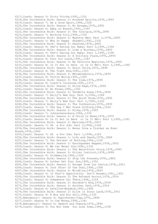 6217,Coach: Season 5: Dirty Tricks,1992,,1331
6218,The Incredible Hulk: Season 2: Kindred Spirits,1978,,2893
6219,Coach: Season 7: Be a Good Sport,1994,,1328
6220,The Incredible Hulk: Season 2: No Escape,1978,,2891
6221,Coach: Season 6: Baby on Board?,1993,,1397
6222,The Incredible Hulk: Season 2: The Disciple,1978,,2890
6223,Coach: Season 7: Working Girl,1994,,1330
6224,The Incredible Hulk: Season 2: Mystery Man: Part 2,1978,,2893
6225,Coach: Season 5: Why So Happy Hayden?,1992,,1332
6226,The Incredible Hulk: Season 2: Haunted,1978,,2891
6227,Coach: Season 8: She's Having Our Baby: Part 2,1995,,1364
6228,The Incredible Hulk: Season 2: Like a Brother,1978,,2893
6229,Coach: Season 8: She's Having Our Baby: Part 1,1995,,1338
6230,The Incredible Hulk: Season 2: A Solitary Place,1978,,2893
6231,Coach: Season 8: Fool for Lunch,1995,,1347
6232,The Incredible Hulk: Season 3: My Favorite Magician,1979,,2900
6233,Coach: Season 8: Is It Hot in Here or Is It Me?: Part 2,1995,,1360
6234,The Incredible Hulk: Season 3: Brain Child,1979,,2898
6235,Coach: Season 8: The Tight End,1995,,1323
6236,The Incredible Hulk: Season 3: Metamorphosis,1979,,2899
6237,Coach: Season 8: Turtle World,1995,,1305
6238,The Incredible Hulk: Season 3: The Slam,1979,,2890
6239,Coach: Season 8: Coach's Cornered,1995,,1373
6240,The Incredible Hulk: Season 3: Blind Rage,1979,,2894
6241,Coach: Season 8: Bo Knows,1995,,1352
6242,The Incredible Hulk: Season 2: Vendetta Road,1978,,2894
6243,Coach: Season 7: Kelly's New Guy: Part 2,1994,,1344
6244,The Incredible Hulk: Season 2: The Quiet Room,1978,,2892
6245,Coach: Season 7: Kelly's New Guy: Part 1,1994,,1322
6246,The Incredible Hulk: Season 2: The Confession,1978,,2893
6247,Coach: Season 7: The Day I Met Frank Gifford,1994,,1324
6248,The Incredible Hulk: Season 2: Ricky,1978,,2920
6249,Coach: Season 7: Johnsonwreckers,1994,,1330
6250,The Incredible Hulk: Season 2: A Child in Need,1978,,2972
6251,Coach: Season 8: Is It Hot in Here or Is It Me?: Part 1,1995,,1361
6252,The Incredible Hulk: Season 2: Married,1978,,5837
6253,Coach: Season 7: Oh a Pro Job: Part 2,1994,,1328
6254,The Incredible Hulk: Season 1: Never Give a Trucker an Even
Break,1978,,2962
6255,Coach: Season 7: Oh a Pro Job: Part 1,1994,,1323
6256,The Incredible Hulk: Season 1: Life and Death,1978,,3006
6257,Coach: Season 7: Ten Percent of Nothing,1994,,1330
6258,The Incredible Hulk: Season 1: Earthquakes Happen,1978,,3002
6259,Coach: Season 9: We Can Never Die,1996,,1335
6260,The Incredible Hulk: Season 1: The Waterfront Story,1978,,2945
6261,The Incredible Hulk: Season 2: Killer Instinct,1978,,2899
6262,Coach: Season 9: Grimmworld,1996,,1320
6263,The Incredible Hulk: Season 2: Stop the Presses,1978,,2883
6264,Coach: Season 8: Luther Get Your Gun,1995,,1352
6265,The Incredible Hulk: Season 2: Escape from Los Santos,1978,,2911
6266,Coach: Season 9: Just Short of the Goal,1996,,1308
6267,The Incredible Hulk: Season 2: Wildfire,1978,,2863
6268,Coach: Season 4: If That's Opportunity Don't Answer,1991,,1401
6269,The Incredible Hulk: Season 2: The Antowuk Horror,1978,,2914
6270,Coach: Season 9: Somewhere Out There,1996,,1339
6271,The Incredible Hulk: Season 2: Rainbow's End,1978,,2918
6272,The Incredible Hulk: Season 2: Another Path,1978,,2914
6273,Coach: Season 4: Dateline-Bangkok,1991,,1408
6274,The Incredible Hulk: Season 2: Alice in Disco Land,1978,,2911
6275,Coach: Season 9: A Boy and His Doll,1996,,1335
6276,Emergency!: Season 6: Hypochondri-Cap,1976,,2844
6277,Coach: Season 9: In the Money,1996,,1341
6278,Emergency!: Season 6: Upward and Onward,1976,,2844
6279,Coach: Season 9: You Win Some You Lose Some,1996,,1338
 