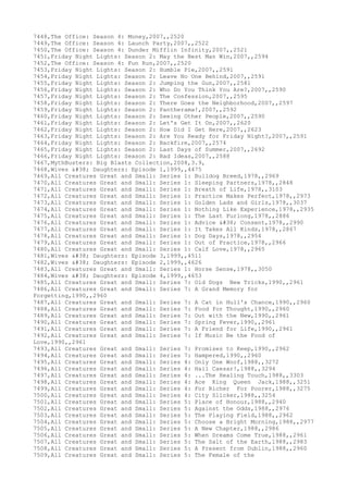 7448,The Office: Season 4: Money,2007,,2520
7449,The Office: Season 4: Launch Party,2007,,2522
7450,The Office: Season 4: Dunder Mifflin Infinity,2007,,2521
7451,Friday Night Lights: Season 2: May the Best Man Win,2007,,2594
7452,The Office: Season 4: Fun Run,2007,,2520
7453,Friday Night Lights: Season 2: Humble Pie,2007,,2591
7454,Friday Night Lights: Season 2: Leave No One Behind,2007,,2591
7455,Friday Night Lights: Season 2: Jumping the Gun,2007,,2581
7456,Friday Night Lights: Season 2: Who Do You Think You Are?,2007,,2590
7457,Friday Night Lights: Season 2: The Confession,2007,,2595
7458,Friday Night Lights: Season 2: There Goes the Neighborhood,2007,,2597
7459,Friday Night Lights: Season 2: Pantherama!,2007,,2592
7460,Friday Night Lights: Season 2: Seeing Other People,2007,,2590
7461,Friday Night Lights: Season 2: Let's Get It On,2007,,2620
7462,Friday Night Lights: Season 2: How Did I Get Here,2007,,2623
7463,Friday Night Lights: Season 2: Are You Ready for Friday Night?,2007,,2591
7464,Friday Night Lights: Season 2: Backfire,2007,,2574
7465,Friday Night Lights: Season 2: Last Days of Summer,2007,,2692
7466,Friday Night Lights: Season 2: Bad Ideas,2007,,2588
7467,MythBusters: Big Blasts Collection,2008,3.9,
7468,Wives & Daughters: Episode 1,1999,,4475
7469,All Creatures Great and Small: Series 1: Bulldog Breed,1978,,2969
7470,All Creatures Great and Small: Series 1: Sleeping Partners,1978,,2848
7471,All Creatures Great and Small: Series 1: Breath of Life,1978,,3103
7472,All Creatures Great and Small: Series 1: Practice Makes Perfect,1978,,2973
7473,All Creatures Great and Small: Series 1: Golden Lads and Girls,1978,,3037
7474,All Creatures Great and Small: Series 1: Nothing Like Experience,1978,,2935
7475,All Creatures Great and Small: Series 1: The Last Furlong,1978,,2886
7476,All Creatures Great and Small: Series 1: Advice & Consent,1978,,2990
7477,All Creatures Great and Small: Series 1: It Takes All Kinds,1978,,2867
7478,All Creatures Great and Small: Series 1: Dog Days,1978,,2954
7479,All Creatures Great and Small: Series 1: Out of Practice,1978,,2966
7480,All Creatures Great and Small: Series 1: Calf Love,1978,,2965
7481,Wives & Daughters: Episode 3,1999,,4511
7482,Wives & Daughters: Episode 2,1999,,4626
7483,All Creatures Great and Small: Series 1: Horse Sense,1978,,3050
7484,Wives & Daughters: Episode 4,1999,,4653
7485,All Creatures Great and Small: Series 7: Old Dogs New Tricks,1990,,2961
7486,All Creatures Great and Small: Series 7: A Grand Memory for
Forgetting,1990,,2960
7487,All Creatures Great and Small: Series 7: A Cat in Hull's Chance,1990,,2960
7488,All Creatures Great and Small: Series 7: Food for Thought,1990,,2960
7489,All Creatures Great and Small: Series 7: Out with the New,1990,,2961
7490,All Creatures Great and Small: Series 7: Spring Fever,1990,,2961
7491,All Creatures Great and Small: Series 7: A Friend for Life,1990,,2961
7492,All Creatures Great and Small: Series 7: If Music Be the Food of
Love,1990,,2961
7493,All Creatures Great and Small: Series 7: Promises to Keep,1990,,2962
7494,All Creatures Great and Small: Series 7: Hampered,1990,,2960
7495,All Creatures Great and Small: Series 4: Only One Woof,1988,,3272
7496,All Creatures Great and Small: Series 4: Hail Caesar!,1988,,3294
7497,All Creatures Great and Small: Series 4: ...The Healing Touch,1988,,3303
7498,All Creatures Great and Small: Series 4: Ace King Queen Jack,1988,,3251
7499,All Creatures Great and Small: Series 4: For Richer For Poorer,1988,,3275
7500,All Creatures Great and Small: Series 4: City Slicker,1988,,3254
7501,All Creatures Great and Small: Series 5: Place of Honour,1988,,2940
7502,All Creatures Great and Small: Series 5: Against the Odds,1988,,2976
7503,All Creatures Great and Small: Series 5: The Playing Field,1988,,2962
7504,All Creatures Great and Small: Series 5: Choose a Bright Morning,1988,,2977
7505,All Creatures Great and Small: Series 5: A New Chapter,1988,,2986
7506,All Creatures Great and Small: Series 5: When Dreams Come True,1988,,2961
7507,All Creatures Great and Small: Series 5: The Salt of the Earth,1988,,2983
7508,All Creatures Great and Small: Series 5: A Present from Dublin,1988,,2960
7509,All Creatures Great and Small: Series 5: The Female of the
 