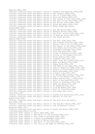 Species,1988,,2954
7510,All Creatures Great and Small: Series 5: Cheques and Balances,1988,,2960
7511,All Creatures Great and Small: Series 5: The Jackpot,1988,,2978
7512,All Creatures Great and Small: Series 5: Two of a Kind,1988,,2970
7513,All Creatures Great and Small: Series 6: Here and There,1989,,2970
7514,All Creatures Great and Small: Series 6: The Course of True Love,1989,,2950
7515,All Creatures Great and Small: Series 6: The Call of the Wild,1989,,2953
7516,All Creatures Great and Small: Series 6: The Nelson Touch,1989,,2959
7517,All Creatures Great and Small: Series 6: Blood and Water,1989,,2961
7518,All Creatures Great and Small: Series 6: Where Sheep May Safely
Graze,1989,,2963
7519,All Creatures Great and Small: Series 6: The New World,1989,,2961
7520,All Creatures Great and Small: Series 6: Mending Fences,1989,,2969
7521,All Creatures Great and Small: Series 6: Big Fish Little Fish,1989,,2959
7522,All Creatures Great and Small: Series 6: In Whom We Trust,1989,,2959
7523,All Creatures Great and Small: Series 6: The Rough and the
Smooth,1989,,2958
7524,All Creatures Great and Small: Series 6: The Best Time,1989,,2961
7525,All Creatures Great and Small: Series 7: The Prodigal Returns,1990,,2959
7526,All Creatures Great and Small: Series 7: Knowin' How to Do It,1990,,2961
7527,All Creatures Great and Small: Series 2: The Beauty of the Beast,1978,,3004
7528,All Creatures Great and Small: Series 2: Fair Means and Fowl,1978,,3061
7529,All Creatures Great and Small: Series 2: Attendant Problems,1978,,2939
7530,All Creatures Great and Small: Series 2: Cats and Dogs,1978,,3008
7531,All Creatures Great and Small: Series 2: Pride of Possession,1978,,2947
7532,All Creatures Great and Small: Series 2: Tricks of the Trade,1978,,2974
7533,All Creatures Great and Small: Series 2: Faint Hearts,1978,,3044
7534,All Creatures Great and Small: Series 2: Judgment Day,1978,,3010
7535,All Creatures Great and Small: Series 2: Pups Pigs and Pickle,1978,,3105
7536,All Creatures Great and Small: Series 2: Ways and Means,1978,,2998
7537,All Creatures Great and Small: Series 2: Puppy Love,1978,,2991
7538,All Creatures Great and Small: Series 2: The Name of the Game,1978,,2955
7539,All Creatures Great and Small: Series 3: Charity Begins at Home,1979,,3094
7540,All Creatures Great and Small: Series 3: Plenty to Grouse About,1979,,3131
7541,All Creatures Great and Small: Series 2: Merry Gentlemen,1978,,3034
7542,All Creatures Great and Small: Series 2: A Dog's Life,1978,,3015
7543,All Creatures Great and Small: Series 3: If Wishes Were Horses,1979,,3124
7544,All Creatures Great and Small: Series 3: Pig in the Middle,1979,,3102
7545,All Creatures Great and Small: Series 3: Every Dog His Day...,1979,,3054
7546,All Creatures Great and Small: Series 3: Hair of the Dog,1979,,3076
7547,All Creatures Great and Small: Series 3: Brink of Disaster,1979,,3008
7548,All Creatures Great and Small: Series 3: Home and Away,1979,,3105
7549,All Creatures Great and Small: Series 3: Be Prepared,1979,,3113
7550,All Creatures Great and Small: Series 3: A Dying Breed,1979,,3084
7551,All Creatures Great and Small: Series 3: Will to Live,1979,,3090
7552,All Creatures Great and Small: Series 3: Big Steps and Little
'Uns,1979,,3207
7553,All Creatures Great and Small: Series 3: Alarms and Excursions,1979,,3120
7554,All Creatures Great and Small: Series 3: Matters of Life and
Death,1979,,3108
7555,All Creatures Great and Small: Series 4: The Bull with the Bowler
Hat,1988,,3280
7556,All Creatures Great and Small: Series 4: The Pig Man Cometh,1988,,3237
7557,All Creatures Great and Small: Series 4: One of Nature's Little
Miracles,1988,,3272
7558,All Creatures Great and Small: Series 4: Barks and Bites,1988,,3268
7559,Darklight,2004,3.0,5330
7560,Star Trek: Season 1: Space Seed,1966,,3022
7561,Star Trek: Season 1: The Return of the Archons,1966,,3025
7562,Star Trek: Season 1: This Side of Paradise,1966,,3025
7563,Star Trek: Season 1: A Taste of Armageddon,1966,,3025
7564,Star Trek: Season 1: Errand of Mercy,1966,,3023
7565,Star Trek: Season 1: The Devil in the Dark,1966,,3023
7566,Star Trek: Season 1: The City on the Edge of Forever,1966,,3021
 