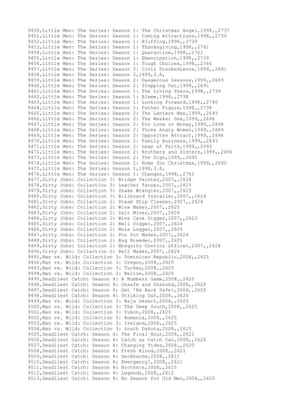 9450,Little Men: The Series: Season 1: The Christmas Angel,1998,,2737
9451,Little Men: The Series: Season 1: Coming Attractions,1998,,2739
9452,Little Men: The Series: Season 1: Bluffing,1998,,2739
9453,Little Men: The Series: Season 1: Thanksgiving,1998,,2761
9454,Little Men: The Series: Season 1: Quarantine,1998,,2761
9455,Little Men: The Series: Season 1: Emancipation,1998,,2739
9456,Little Men: The Series: Season 1: Tough Choices,1998,,2760
9457,Little Men: The Series: Season 2: Civil Disobedience,1999,,2691
9458,Little Men: The Series: Season 2,1999,3.8,
9459,Little Men: The Series: Season 2: Dangerous Lessons,1999,,2693
9460,Little Men: The Series: Season 2: Stepping Out,1999,,2691
9461,Little Men: The Series: Season 1: The Living Years,1998,,2739
9462,Little Men: The Series: Season 1: Blame,1998,,2738
9463,Little Men: The Series: Season 1: Looking Forward,1998,,2740
9464,Little Men: The Series: Season 1: Father Figure,1998,,2738
9465,Little Men: The Series: Season 2: The Lantern Man,1999,,2695
9466,Little Men: The Series: Season 2: The Weaker Sex,1999,,2696
9467,Little Men: The Series: Season 2: For Love or Money,1999,,2698
9468,Little Men: The Series: Season 2: Three Angry Women,1999,,2689
9469,Little Men: The Series: Season 2: Opposites Attract,1999,,2694
9470,Little Men: The Series: Season 2: Family Business,1999,,2693
9471,Little Men: The Series: Season 2: Leap of Faith,1999,,2693
9472,Little Men: The Series: Season 2: Brothers and Sisters,1999,,2696
9473,Little Men: The Series: Season 2: The Sign,1999,,2695
9474,Little Men: The Series: Season 2: Home for Christmas,1999,,2690
9475,Little Men: The Series: Season 1,1998,3.8,
9476,Little Men: The Series: Season 1: Changes,1998,,2761
9477,Dirty Jobs: Collection 3: Bridge Painter,2007,,2624
9478,Dirty Jobs: Collection 3: Leather Tanner,2007,,2625
9479,Dirty Jobs: Collection 3: Snake Wrangler,2007,,2623
9480,Dirty Jobs: Collection 3: Billboard Installer,2007,,2624
9481,Dirty Jobs: Collection 2: Steam Ship Cleaner,2007,,2624
9482,Dirty Jobs: Collection 2: Wine Maker,2007,,2625
9483,Dirty Jobs: Collection 2: Salt Miner,2007,,2624
9484,Dirty Jobs: Collection 2: Wine Cave Digger,2007,,2623
9485,Dirty Jobs: Collection 2: Well Digger,2007,,2624
9486,Dirty Jobs: Collection 2: Mule Logger,2007,,2605
9487,Dirty Jobs: Collection 2: Poo Pot Maker,2007,,2624
9488,Dirty Jobs: Collection 2: Bug Breeder,2007,,2621
9489,Dirty Jobs: Collection 2: Mosquito Control Officer,2007,,2624
9490,Dirty Jobs: Collection 2: Bell Maker,2007,,2624
9491,Man vs. Wild: Collection 3: Dominican Republic,2008,,2625
9492,Man vs. Wild: Collection 3: Oregon,2008,,2625
9493,Man vs. Wild: Collection 3: Turkey,2008,,2625
9494,Man vs. Wild: Collection 3: Belize,2008,,2625
9495,Deadliest Catch: Season 4: A Numbers Game,2008,,2620
9496,Deadliest Catch: Season 4: Unsafe and Unsound,2008,,2620
9497,Deadliest Catch: Season 4: Get 'Em Back Safe!,2008,,2620
9498,Deadliest Catch: Season 4: Striking Out,2008,,2620
9499,Man vs. Wild: Collection 3: Baja Desert,2008,,2625
9500,Man vs. Wild: Collection 3: The Deep South,2008,,2625
9501,Man vs. Wild: Collection 3: Yukon,2008,,2625
9502,Man vs. Wild: Collection 3: Romania,2008,,2625
9503,Man vs. Wild: Collection 3: Ireland,2008,,2625
9504,Man vs. Wild: Collection 3: South Dakota,2008,,2625
9505,Deadliest Catch: Season 4: The Final Hour,2008,,2621
9506,Deadliest Catch: Season 4: Catch as Catch Can,2008,,2620
9507,Deadliest Catch: Season 4: Changing Tides,2008,,2620
9508,Deadliest Catch: Season 4: Fresh Blood,2008,,2625
9509,Deadliest Catch: Season 4: Deckhands,2008,,2611
9510,Deadliest Catch: Season 4: Emergency!,2008,,2611
9511,Deadliest Catch: Season 4: Brothers,2008,,2615
9512,Deadliest Catch: Season 4: Legends,2008,,2612
9513,Deadliest Catch: Season 4: No Season for Old Men,2008,,2620
 