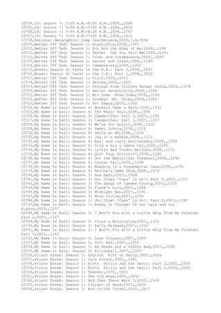 10704,24: Season 7: 5:00 A.M.-6:00 A.M.,2008,,2586
10705,24: Season 7: 4:00 A.M.-5:00 A.M.,2008,,2632
10706,24: Season 7: 7:00 A.M.-8:00 A.M.,2008,,2782
10707,24: Season 7: 6:00 A.M.-7:00 A.M.,2008,,2612
10708,National Geographic: Camp Leatherneck,2010,3.9,3006
10709,Better Off Ted: Season 1: Bioshuffle,2009,,1301
10710,Better Off Ted: Season 1: You Are the Boss of Me,2009,,1299
10711,Better Off Ted: Season 1: Father Can You Hair Me,2009,,1301
10712,Better Off Ted: Season 1: Trust and Consequence,2009,,1285
10713,Better Off Ted: Season 1: Secret and Lives,2009,,1299
10714,Better Off Ted: Season 1: Jabberwocky,2009,,1252
10715,Bones: Season 4: Yanks in the U.K.: Part 2,2008,,2593
10716,Bones: Season 4: Yanks in the U.K.: Part 1,2008,,2632
10717,Better Off Ted: Season 1: Pilot,2009,,1311
10718,Better Off Ted: Season 1: Heroes,2009,,1259
10719,Better Off Ted: Season 1: Through Rose Colored Hazmat Suits,2009,,1278
10720,Better Off Ted: Season 1: Racial Sensitivity,2009,,1294
10721,Better Off Ted: Season 1: Win Some Dose Some,2009,,1299
10722,Better Off Ted: Season 1: Goodbye Mr. Chips,2009,,1300
10723,Better Off Ted: Season 1: Get Happy,2009,,1300
10724,My Name Is Earl: Season 4: Monkeys Take a Bath,2008,,1332
10725,My Name Is Earl: Season 4: The Magic Hour,2008,,1284
10726,My Name Is Earl: Season 3: Camdenites: Part 2,2007,,1295
10727,My Name Is Earl: Season 3: Camdenites: Part 1,2007,,1267
10728,My Name Is Earl: Season 4: We've Got Spirit,2008,,1232
10729,My Name Is Earl: Season 4: Sweet Johnny,2008,,1228
10730,My Name Is Earl: Season 4: Stole an RV,2008,,1284
10731,My Name Is Earl: Season 4: Joy in a Bubble,2008,,1271
10732,My Name Is Earl: Season 4: Earl and Joy's Anniversary,2008,,1309
10733,My Name Is Earl: Season 4: Sold a Guy a Lemon Car,2008,,1285
10734,My Name Is Earl: Season 4: Little Bad Voodoo Brother,2008,,1271
10735,My Name Is Earl: Season 4: Quit Your Snitchin',2008,,1260
10736,My Name Is Earl: Season 4: Got the Babysitter Pregnant,2008,,1296
10737,My Name Is Earl: Season 4: Orphan Earl,2008,,1298
10738,My Name Is Earl: Season 4: Reading Is a Fundamental Case,2008,,1291
10739,My Name Is Earl: Season 4: Nature's Game Show,2008,,1270
10740,My Name Is Earl: Season 3: Bad Earl,2007,,1328
10741,My Name Is Earl: Season 3: Our Other 'Cops' Is On!: Part 1,2007,,1207
10742,My Name Is Earl: Season 3: The Gangs of Camden County,2007,,1270
10743,My Name Is Earl: Season 3: Frank's Girl,2007,,1288
10744,My Name Is Earl: Season 3: Midnight Bun,2007,,1291
10745,My Name Is Earl: Season 3: Burn Victim,2007,,1255
10746,My Name Is Earl: Season 3: Our Other 'Cops' Is On!: Part 2,2007,,1247
10747,My Name Is Earl: Season 3: Randy in Charge: Of Our Days and Our
Nights,2007,,1257
10748,My Name Is Earl: Season 3: I Won't Die with a Little Help from My Friends:
Part 2,2007,,1327
10749,My Name Is Earl: Season 3: Stole a Motorcycle,2007,,1311
10750,My Name Is Earl: Season 3: Early Release,2007,,1253
10751,My Name Is Earl: Season 3: I Won't Die with a Little Help from My Friends:
Part 1,2007,,1143
10752,My Name Is Earl: Season 3: Love Octagon,2007,,1289
10753,My Name Is Earl: Season 3: Girl Earl,2007,,1252
10754,My Name Is Earl: Season 3: No Heads and a Duffle Bag,2007,,1290
10755,My Name Is Earl: Season 3: Killerball,2007,,1267
10756,Prison Break: Season 1: English Fitz or Percy,2005,,2636
10757,Prison Break: Season 1: Cute Poison,2005,,2641
10758,Prison Break: Season 1: Riots Drills and the Devil: Part 2,2005,,2566
10759,Prison Break: Season 1: Riots Drills and the Devil: Part 1,2005,,2642
10760,Prison Break: Season 1: Tweener,2005,,2651
10761,Prison Break: Season 1: The Old Head,2005,,2652
10762,Prison Break: Season 1: And Then There Were 7,2005,,2630
10763,Prison Break: Season 1: Sleight of Hand,2005,,2650
10764,Prison Break: Season 1: End of the Tunnel,2005,,2617
 