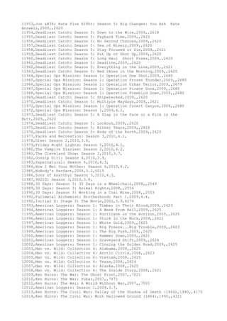 11953,Jon & Kate Plus Ei8ht: Season 5: Big Changes: You Ask Kate
Answers,2009,,2620
11954,Deadliest Catch: Season 5: Down to the Wire,2009,,2618
11955,Deadliest Catch: Season 5: Payback Time,2009,,2620
11956,Deadliest Catch: Season 5: No Second Chances,2009,,2620
11957,Deadliest Catch: Season 5: Sea of Misery,2009,,2620
11958,Deadliest Catch: Season 5: Stay Focused or Die,2009,,2621
11959,Deadliest Catch: Season 5: Put Up or Shut Up,2009,,2620
11960,Deadliest Catch: Season 5: Long Haul Short Fuses,2009,,2620
11961,Deadliest Catch: Season 5: Deadline,2009,,2620
11962,Deadliest Catch: Season 5: Everything on the Line,2009,,2621
11963,Deadliest Catch: Season 5: Red Skies in the Morning,2009,,2620
11964,Special Ops Mission: Season 1: Operation One Shot,2009,,2680
11965,Special Ops Mission: Season 1: Operation Frozen Thunder,2009,,2680
11966,Special Ops Mission: Season 1: Operation Urban Terror,2009,,2679
11967,Special Ops Mission: Season 1: Operation Pirate Guns,2009,,2680
11968,Special Ops Mission: Season 1: Operation Freebird Down,2009,,2680
11969,Deadliest Catch: Season 5: Shipwrecked,2009,,2620
11970,Deadliest Catch: Season 5: Multiple Maydays,2009,,2621
11971,Special Ops Mission: Season 1: Operation Covert Canyon,2009,,2680
11972,Special Ops Mission: Season 1,2009,4.2,
11973,Deadliest Catch: Season 5: A Slap in the Face or a Kick in the
Butt,2009,,2620
11974,Deadliest Catch: Season 5: Lockout,2009,,2620
11975,Deadliest Catch: Season 5: Bitter Tears,2009,,2618
11976,Deadliest Catch: Season 5: Ends of the Earth,2009,,2620
11977,Parks and Recreation: Season 3,2010,4.1,
11978,Glee: Season 2,2010,3.8,
11979,Friday Night Lights: Season 5,2010,4.1,
11980,The Vampire Diaries: Season 2,2010,4.2,
11981,The Cleveland Show: Season 2,2010,3.7,
11982,Gossip Girl: Season 4,2010,3.9,
11983,Supernatural: Season 6,2010,4.3,
11984,How I Met Your Mother: Season 6,2010,4.2,
11985,NoBody's Perfect,2008,3.2,5015
11986,Sons of Anarchy: Season 3,2010,4.3,
11987,90210: Season 3,2010,3.8,
11988,30 Days: Season 3: 30 Days in a Wheelchair,2008,,2549
11989,30 Days: Season 3: Animal Rights,2008,,2554
11990,30 Days: Season 3: Working in a Coal Mine,2008,,2553
11991,Fullmetal Alchemist: Brotherhood: Part 1,2009,4.4,
11992,Initial D: Stage 3: The Movie,2001,3.9,6274
11993,American Loggers: Season 1: Timber in Their Blood,2009,,2623
11994,American Loggers: Season 1: A Week from Hell,2009,,2625
11995,American Loggers: Season 1: Hurricane on the Horizon,2009,,2625
11996,American Loggers: Season 1: Stuck in the Muck,2009,,2621
11997,American Loggers: Season 1: White Gold,2009,,2625
11998,American Loggers: Season 1: Big Freeze...Big Trouble,2009,,2623
11999,American Loggers: Season 1: The Big Push,2009,,2625
12000,American Loggers: Season 1: Hammer Down,2009,,2621
12001,American Loggers: Season 1: Graveyard Shift,2009,,2624
12002,American Loggers: Season 1: Closing the Golden Road,2009,,2625
12003,Man vs. Wild: Collection 4: Alabama,2008,,2625
12004,Man vs. Wild: Collection 4: Arctic Circle,2008,,2623
12005,Man vs. Wild: Collection 4: Vietnam,2008,,2625
12006,Man vs. Wild: Collection 4: Texas,2008,,2624
12007,Man vs. Wild: Collection 4: Alaska,2008,,2625
12008,Man vs. Wild: Collection 4: The Inside Story,2008,,2621
12009,Ken Burns: The War: The Ghost Front,2007,,7021
12010,Ken Burns: The War: Fubar,2007,,7471
12011,Ken Burns: The War: A World Without War,2007,,7501
12012,American Loggers: Season 1,2009,3.7,
12013,Ken Burns: The Civil War: Valley of the Shadow of Death (1864),1990,,4170
12014,Ken Burns: The Civil War: Most Hallowed Ground (1864),1990,,4321
 