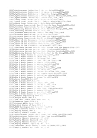 12887,Mythbusters: Collection 6: Car vs. Rain,2008,,2561
12888,Mythbusters: Collection 6: Swimming in Syrup,2008,,2624
12889,Mythbusters: Collection 6: Exploding Bumper,2008,,2626
12890,Mythbusters: Collection 6: Viewer Special Threequel!,2008,,2625
12891,Mythbusters: Collection 6: Seesaw Saga,2008,,2625
12892,Dirty Jobs: Collection 6: Safety Third,2009,,2620
12893,Dirty Jobs: Collection 6: Fireworks Technician,2009,,2621
12894,Dirty Jobs: Collection 6: Glass Maker,2009,,2625
12895,Monsters Resurrected: What Killed the Mega Beasts?,2009,,5019
12896,Monsters Resurrected: The Great Ripper,2009,,2626
12897,Discovery Extreme Survival Pack: Mountain Escape,2005,,2981
12898,Discovery Extreme Survival Pack,2005,3.3,
12899,Monsters Resurrected: T-Rex of the Deep,2009,,2626
12900,Monsters Resurrected: Terror Bird,2009,,2625
12901,Monsters Resurrected: Great American Predator,2009,,2621
12902,Monsters Resurrected: Big Killer Dino,2009,,2620
12903,Clash of the Dinosaurs: Perfect Predators,2009,,2625
12904,Clash of the Dinosaurs: Extreme Survivors,2009,,2625
12905,Clash of the Dinosaurs: Generations,2009,,2625
12906,Clash of the Dinosaurs: The Defenders,2009,,2621
12907,Discovery Extreme Survival Pack: Escape from the Amazon,2005,,2621
12908,Discovery Extreme Survival Pack: Firestorm,2005,,2639
12909,Discovery Extreme Survival Pack: Shooting Survival,2005,,2625
12910,Discovery Extreme Survival Pack: Lost in the Snow,2005,,2621
12911,The L Word: Season 6: Least Likely,2009,,3039
12912,The L Word: Season 6: LMFAO,2009,,2972
12913,The L Word: Season 1: Locked Up,2004,,2689
12914,The L Word: Season 1: Limb from Limb,2004,,3546
12915,The L Word: Season 1: Liberally,2004,,2824
12916,The L Word: Season 1: Looking Back,2004,,2722
12917,The L Word: Season 1: Listen Up,2004,,2876
12918,The L Word: Season 1: Luck Next Time,2004,,3005
12919,The L Word: Season 6: Last Word,2009,,3860
12920,The L Word: Season 6: Lactose Intolerant,2009,,3519
12921,The L Word: Season 6: Last Couple Standing,2009,,3077
12922,The L Word: Season 6: Leaving Los Angeles,2009,,3284
12923,The L Word: Season 6: Litmus Test,2009,,3292
12924,Group Sex,2010,3.1,5537
12925,The Outside,2009,3.6,5406
12926,The L Word: Season 1: L'Ennui,2004,,3095
12927,The L Word: Season 1: Losing It,2004,,2936
12928,The L Word: Season 1: Lawfully,2004,,3185
12929,The L Word: Season 1: Lies Lies Lies,2004,,2995
12930,The L Word: Season 1: Longing,2004,,2958
12931,The L Word: Season 1: Let's Do It,2004,,2765
12932,The L Word: Season 1: Pilot,2004,,3175
12933,Extreme Engineering,2003,3.8,
12934,Knight Rider,1982,3.3,
12935,The Jeff Corwin Experience,2000,3.8,
12936,Treasure Quest,2009,3.9,
12937,Untamed & Uncut,2008,3.9,
12938,United States of Tara,2009,4.1,
12939,Bill Cunningham New York,2010,4.2,5062
12940,The Guardian: Season 2,2002,3.9,
12941,Raging Planet,1997,4.1,
12942,Raging Planet: Floods,1997,,2621
12943,Mythbusters: Collection 6: Knock Your Socks Off,2008,,2625
12944,Mythbusters: Collection 6: Duct Tape Hour,2008,,2561
12945,Raging Planet: Avalanche,1997,,2621
12946,Raging Planet: Blizzard,1997,,2626
12947,Raging Planet: Volcano,1997,,2622
12948,Raging Planet: Lightning,1997,,2625
12949,Deadliest Catch: Season 3: Cheating Death,2007,,2625
12950,Raging Planet: Hurricane,1997,,2562
 