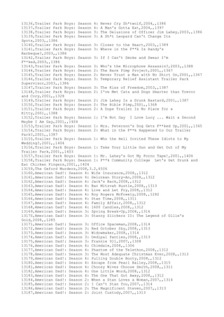 13136,Trailer Park Boys: Season 4: Never Cry Sh*twolf,2004,,1386
13137,Trailer Park Boys: Season 4: A Man's Gotta Eat,2004,,1397
13138,Trailer Park Boys: Season 3: The Delusions of Officer Jim Lahey,2003,,1386
13139,Trailer Park Boys: Season 3: A Sh*t Leopard Can't Change Its
Spots,2003,,1386
13140,Trailer Park Boys: Season 3: Closer to the Heart,2003,,1389
13141,Trailer Park Boys: Season 3: Where in the F**k Is Randy's
Barbeque?,2003,,1386
13142,Trailer Park Boys: Season 3: If I Can't Smoke and Swear I'm
F**ked,2003,,1386
13143,Trailer Park Boys: Season 3: Who's the Microphone Assassin?,2003,,1388
13144,Trailer Park Boys: Season 2: The Bare Pimp Project,2001,,1367
13145,Trailer Park Boys: Season 2: Never Trust a Man with No Shirt On,2001,,1367
13146,Trailer Park Boys: Season 3: Temporary Relief Assistant Trailer Park
Supervisor,2003,,1386
13147,Trailer Park Boys: Season 3: The Kiss of Freedom,2003,,1387
13148,Trailer Park Boys: Season 2: I've Met Cats and Dogs Smarter than Trevor
and Cory,2001,,1328
13149,Trailer Park Boys: Season 2: Jim Lahey Is a Drunk Bastard,2001,,1387
13150,Trailer Park Boys: Season 2: The Bible Pimp,2001,,1368
13151,Trailer Park Boys: Season 2: A Dope Trailer Is No Place for a
Kitty,2001,,1388
13152,Trailer Park Boys: Season 1: I'm Not Gay I Love Lucy ... Wait a Second
Maybe I Am Gay,2001,,1404
13153,Trailer Park Boys: Season 1: Mrs. Peterson's Dog Gets F**ked Up,2001,,1345
13154,Trailer Park Boys: Season 2: What in the F**k Happened to Our Trailer
Park?,2001,,1387
13155,Trailer Park Boys: Season 1: Who the Hell Invited These Idiots to My
Wedding?,2001,,1404
13156,Trailer Park Boys: Season 1: Take Your Little Gun and Get Out of My
Trailer Park,2001,,1403
13157,Trailer Park Boys: Season 1: Mr. Lahey's Got My Porno Tape!,2001,,1406
13158,Trailer Park Boys: Season 1: F**k Community College Let's Get Drunk and
Eat Chicken Fingers,2001,,1404
13159,The Oxford Murders,2008,3.2,6506
13160,American Dad!: Season 4: Wife Insurance,2008,,1312
13161,American Dad!: Season 4: Delorean Story-An,2008,,1312
13162,American Dad!: Season 4: Jack's Back,2008,,1312
13163,American Dad!: Season 4: Bar Mitzvah Hustle,2008,,1313
13164,American Dad!: Season 4: Live and Let Fry,2008,,1312
13165,American Dad!: Season 4: Roy Rogers McFreely,2008,,1282
13166,American Dad!: Season 4: Stan Time,2008,,1311
13167,American Dad!: Season 4: Family Affair,2008,,1312
13168,American Dad!: Season 4: 1600 Candles,2008,,1312
13169,American Dad!: Season 3: Spring Break-Up,2008,,1316
13170,American Dad!: Season 3: Stanny Slickers II: The Legend of Ollie's
Gold,2008,,1285
13171,American Dad!: Season 3: Office Spaceman,2008,,1314
13172,American Dad!: Season 3: Red October Sky,2008,,1313
13173,American Dad!: Season 3: Widowmaker,2008,,1314
13174,American Dad!: Season 3: Oedipal Panties,2008,,1313
13175,American Dad!: Season 3: Frannie 911,2007,,1308
13176,American Dad!: Season 4: Chimdale,2008,,1306
13177,American Dad!: Season 4: Phantom of the Telethon,2008,,1312
13178,American Dad!: Season 3: The Most Adequate Christmas Ever,2008,,1313
13179,American Dad!: Season 4: Pulling Double Booty,2008,,1312
13180,American Dad!: Season 4: Escape from Pearl Bailey,2008,,1315
13181,American Dad!: Season 4: Choosy Wives Choose Smith,2008,,1311
13182,American Dad!: Season 4: One Little Word,2008,,1312
13183,American Dad!: Season 4: The One That Got Away,2008,,1312
13184,American Dad!: Season 2: When a Stan Loves a Woman,2007,,1314
13185,American Dad!: Season 2: I Can't Stan You,2007,,1314
13186,American Dad!: Season 2: The Magnificent Steven,2007,,1313
13187,American Dad!: Season 2: Joint Custody,2007,,1313
 