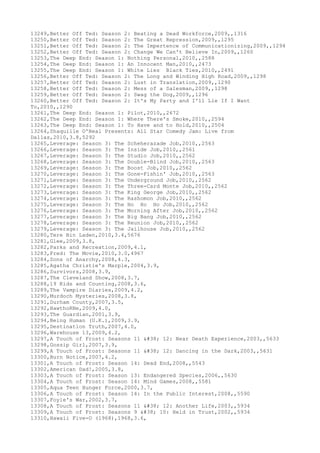 13249,Better Off Ted: Season 2: Beating a Dead Workforce,2009,,1316
13250,Better Off Ted: Season 2: The Great Repression,2009,,1295
13251,Better Off Ted: Season 2: The Impertence of Communicationizing,2009,,1294
13252,Better Off Ted: Season 2: Change We Can't Believe In,2009,,1260
13253,The Deep End: Season 1: Nothing Personal,2010,,2588
13254,The Deep End: Season 1: An Innocent Man,2010,,2473
13255,The Deep End: Season 1: White Lies Black Ties,2010,,2491
13256,Better Off Ted: Season 2: The Long and Winding High Road,2009,,1298
13257,Better Off Ted: Season 2: Lust in Translation,2009,,1290
13258,Better Off Ted: Season 2: Mess of a Salesman,2009,,1298
13259,Better Off Ted: Season 2: Swag the Dog,2009,,1296
13260,Better Off Ted: Season 2: It's My Party and I'll Lie If I Want
To,2010,,1290
13261,The Deep End: Season 1: Pilot,2010,,2672
13262,The Deep End: Season 1: Where There's Smoke,2010,,2594
13263,The Deep End: Season 1: To Have and to Hold,2010,,2504
13264,Shaquille O'Neal Presents: All Star Comedy Jam: Live from
Dallas,2010,3.8,5292
13265,Leverage: Season 3: The Scheherazade Job,2010,,2563
13266,Leverage: Season 3: The Inside Job,2010,,2561
13267,Leverage: Season 3: The Studio Job,2010,,2562
13268,Leverage: Season 3: The Double-Blind Job,2010,,2563
13269,Leverage: Season 3: The Boost Job,2010,,2562
13270,Leverage: Season 3: The Gone-Fishin' Job,2010,,2563
13271,Leverage: Season 3: The Underground Job,2010,,2562
13272,Leverage: Season 3: The Three-Card Monte Job,2010,,2562
13273,Leverage: Season 3: The King George Job,2010,,2562
13274,Leverage: Season 3: The Rashomon Job,2010,,2562
13275,Leverage: Season 3: The Ho Ho Ho Job,2010,,2562
13276,Leverage: Season 3: The Morning After Job,2010,,2562
13277,Leverage: Season 3: The Big Bang Job,2010,,2562
13278,Leverage: Season 3: The Reunion Job,2010,,2562
13279,Leverage: Season 3: The Jailhouse Job,2010,,2562
13280,Tere Bin Laden,2010,3.4,5676
13281,Glee,2009,3.8,
13282,Parks and Recreation,2009,4.1,
13283,Fred: The Movie,2010,3.0,4967
13284,Sons of Anarchy,2008,4.3,
13285,Agatha Christie's Marple,2004,3.9,
13286,Survivors,2008,3.9,
13287,The Cleveland Show,2008,3.7,
13288,19 Kids and Counting,2008,3.6,
13289,The Vampire Diaries,2009,4.2,
13290,Murdoch Mysteries,2008,3.8,
13291,Durham County,2007,3.5,
13292,HawthoRNe,2009,4.0,
13293,The Guardian,2001,3.9,
13294,Being Human (U.K.),2009,3.9,
13295,Destination Truth,2007,4.0,
13296,Warehouse 13,2009,4.2,
13297,A Touch of Frost: Seasons 11 & 12: Near Death Experience,2003,,5633
13298,Gossip Girl,2007,3.9,
13299,A Touch of Frost: Seasons 11 & 12: Dancing in the Dark,2003,,5631
13300,Burn Notice,2007,4.2,
13301,A Touch of Frost: Season 14: Dead End,2008,,5543
13302,American Dad!,2005,3.8,
13303,A Touch of Frost: Season 13: Endangered Species,2006,,5630
13304,A Touch of Frost: Season 14: Mind Games,2008,,5581
13305,Aqua Teen Hunger Force,2000,3.7,
13306,A Touch of Frost: Season 14: In the Public Interest,2008,,5590
13307,Foyle's War,2002,3.7,
13308,A Touch of Frost: Seasons 11 & 12: Another Life,2003,,5934
13309,A Touch of Frost: Seasons 9 & 10: Held in Trust,2002,,5934
13310,Hawaii Five-O (1968),1968,3.6,
 
