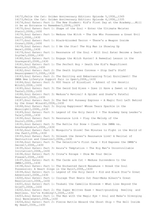 14172,Felix the Cat: Golden Anniversary Edition: Episode 5,1958,,1349
14173,Felix the Cat: Golden Anniversary Edition: Episode 4,1958,,1335
14174,Soul Eater: Part 1: The New Student: Kid's First Day at the Academy...Will
it be an Entrance to Remember?,2008,,1429
14175,Soul Eater: Part 1: Shape of the Soul - Enter the Ultimate Meister
Stein?,2008,,1430
14176,Soul Eater: Part 1: Medusa the Witch - The One Who Possesses a Great Evil
Soul?,2008,,1430
14177,Soul Eater: Part 1: Black-blooded Terror - There's a Weapon Inside
Crona?,2008,,1430
14178,Soul Eater: Part 1: I Am the Star! The Big Man is Showing Up
Here?,2008,,1430
14179,Soul Eater: Part 1: Resonance of the Soul - Will Soul Eater Become a Death
Scythe?,2008,,1430
14180,Soul Eater: Part 1: Engage the Witch Hunter! A Remedial Lesson in the
Graveyard?,2008,,1430
14181,Soul Eater: Part 1: The Perfect Boy - Death the Kid's Magnificent
Mission?,2008,,1430
14182,Soul Eater: Part 2: The Death Scythes Convene - Stop Dad's Staff
Reassignment!?,2008,,1430
14183,Soul Eater: Part 2: The Exciting and Embarrassing Trial Enrollment! The
DWMA New Lifestyle Support Fair is Open?,2008,,1430
14184,Soul Eater: Part 3: 800 Years of Bloodlust - Advent of the Heretic
Witch?,2008,,1430
14185,Soul Eater: Part 3: The Sword God Rises - Does it Have a Sweet or Salty
Taste?,2008,,1430
14186,Soul Eater: Part 3: Medusa's Revival! A Spider and Snake's Fateful
Reunion?,2008,,1430
14187,Soul Eater: Part 3: The Red Hot Runaway Express - A Magic Tool Left Behind
by the Great Wizard?,2008,,1430
14188,Soul Eater: Part 3: Drying Happiness! Whose Tears Sparkle in the
Moonlight?,2008,,1430
14189,Soul Eater: Part 3: Legend of the Holy Sword 3 - The Academy Gang Leader's
Tale?,2008,,1430
14190,Soul Eater: Part 3: Resonance Link - Play the Melody of the
Souls?,2008,,1430
14191,Soul Eater: Part 3: The Battle for Brew - Clash: the DWMA vs.
Arachnophobia?,2008,,1430
14192,Soul Eater: Part 3: Mosquito's Storm! Ten Minutes to Fight in the World of
the Past?,2008,,1430
14193,Soul Eater: Part 3: Unleash the Seven's Resonance Link! A Recital of
Destruction and Creation?,2008,,1430
14194,Soul Eater: Part 3: The Detective's First Case - Kid Exposes the DWMA's
Secret?,2008,,1430
14195,Soul Eater: Part 3: Asura's Temptation - The Big Man's Uncontrollable
Irritation?,2008,,1430
14196,Soul Eater: Part 3: Crona's Escape - Show Me Your Smile
Please?,2008,,1430
14197,Soul Eater: Part 4: The Cards are Cut - Medusa Surrenders to the
DWMA?,2009,,1430
14198,Soul Eater: Part 1: The Enchanted Sword Masamune - Break the Soul
Possession: A Heart Sings in the Rain?,2008,,1430
14199,Soul Eater: Part 1: Legend of the Holy Sword - Kid and Black Star's Great
Adventure?,2008,,1430
14200,Soul Eater: Part 1: Courage That Beats Out Fear-Maka Albarn's Great
Resolution?,2008,,1430
14201,Soul Eater: Part 1: Tsubaki the Camellia Blossom - What Lies Beyond the
Grief?,2008,,1430
14202,Soul Eater: Part 2: The Super Written Exam - Heart-pounding Reeling and
Restless. You're Kidding!?,2008,,1430
14203,Soul Eater: Part 1: The Man with the Magic Eye - Soul and Maka's Diverging
Soul Wavelength?,2008,,1430
14204,Soul Eater: Part 2: Fierce Battle Aboard the Ghost Ship - The Hell Inside
My Head?,2008,,1430
 