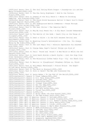 14205,Soul Eater: Part 2: The Soul Eating Black Dragon - Scaredy-cat Liz and Her
Merry Friends?,2008,,1430
14206,Soul Eater: Part 2: The Eve Party Nightmare - And So the Curtain
Rises?,2008,,1430
14207,Soul Eater: Part 2: Legend of the Holy Sword 2 - Wanna Go Drinking
Gambling and Playing?,2008,,1430
14208,Soul Eater: Part 2: The Black Blood Resonance Battle! A Small Soul's Grand
Struggle Against Fear?,2008,,1430
14209,Soul Eater: Part 2: The Underground Battle Commences - Break Through
Medusa's Vector Arrow?,2008,,1430
14210,Soul Eater: Part 2: The Seal Shrine - The Immortal Man's
Tricks?,2008,,1430
14211,Soul Eater: Part 2: May My Soul Reach You - A Dry Heart Inside Unbearable
Isolation?,2008,,1430
14212,Soul Eater: Part 2: The Battle of the Gods - Death City on the Verge of
Collapse?,2008,,1430
14213,Soul Eater: Part 2: Dead or Alive - In the Rift between Revival and
Dazzlement?,2008,,1430
14214,Soul Eater: Part 4: Weakling Crona's Determination - For You for Always
Being by My Side?,2009,,1430
14215,Soul Eater: Part 4: The Last Magic Tool - Mission Impossible for Unarmed
Kid?,2009,,1430
14216,Soul Eater: Part 4: Charge Baba Yaga's Castle! Things are Kind of
Gloomy?,2009,,1430
14217,Soul Eater: Part 4: Twirl `Round and `Round - A New World in Which the Doc
Dances?,2009,,1430
14218,Soul Eater: Part 4: Lord Death Wields a Death Scythe - Just One Step from
Utter Darkness?,2009,,1430
14219,Soul Eater: Part 4: The Miraculous Coffee Table Flip - Fly Our Death City
Robot?,2009,,1430
14220,Soul Eater: Part 4: Warrior or Slaughterer? Showdown: Mifune vs. Black
Star?,2009,,1430
14221,Soul Eater: Part 4: Anti-Magic Wavelength - Fierce Attack the Anger-
Filled Genie Hunter?,2009,,1430
14222,Soul Eater: Part 4: The Word is Bravery!,2009,,1400
14223,Soul Eater: Part 4: Sink or Swim?! The Men who Transcend the
Gods?,2009,,1430
14224,Soul Eater: Part 4: Asura Wakes - To the End of the World?,2009,,1430
14225,Overhaulin': Season 3: Clean LeMans,2005,,2621
14226,Overhaulin': Season 3: U.S. Navy Steal,2005,,2590
14227,Overhaulin': Season 3: Customs,2005,,2621
14228,Overhaulin': Season 3: Nova-caine,2005,,2622
14229,Overhaulin': Season 3: Illegal Fowl,2005,,2621
14230,Overhaulin': Season 3: Bel Air BBQ,2005,,2621
14231,Overhaulin': Season 3: Snaked,2005,,2561
14232,Overhaulin': Season 3: One Ugly Horse,2005,,2621
14233,Overhaulin': Season 3: Turner Car,2005,,2620
14234,Overhaulin': Season 3,2005,3.8,
14235,Overhaulin': Season 3: Wiley & the Road Runner,2005,,2621
14236,Overhaulin': Season 3: The Mad Kidney Donor,2005,,2622
14237,Mall Cops: Mall of America: Season 1: Twilight,2010,,1267
14238,Mall Cops: Mall of America: Season 1: Double Trouble,2010,,1268
14239,Mall Cops: Mall of America: Season 1: U.S. Women's Hockey Team,2010,,1268
14240,Mall Cops: Mall of America: Season 1: Fancy Nancy,2010,,1268
14241,Mall Cops: Mall of America: Season 1: R.A.M..,2010,,1268
14242,Mall Cops: Mall of America: Season 1: Man's Best Friend,2010,,1268
14243,Overhaulin': Season 3: NAPA Doublehaulin',2005,,2621
14244,Overhaulin': Season 3: Lowrider Girl,2005,,2621
14245,Overhaulin': Season 3: Hot Head,2005,,2621
14246,Overhaulin': Season 3: Got GTO?,2005,,2590
14247,Overhaulin': Season 3: Photo Shoot Fiasco,2005,,2621
14248,Overhaulin': Season 3: Uncle Sam's Nephew,2005,,2621
14249,Overhaulin': Season 3: Desperate Impound,2005,,2621
14250,Overhaulin': Season 3: Neighborhood Watching,2005,,2621
 