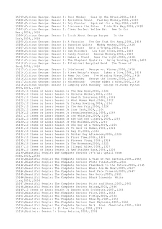 15099,Curious George: Season 1: Door Monkey Goes Up the River,2006,,1418
15100,Curious George: Season 1: Invisible Sound Peeling Monkey,2006,,1418
15101,Curious George: Season 1: Dog Counter Squirrel for a Day,2006,,1418
15102,Curious George: Season 1: Discovers the Poles Finds His Way,2006,,1418
15103,Curious George: Season 1: Clean Perfect Yellow Hat Bee Is for
Bear,2006,,1418
15104,Curious George: Season 1: Truth About George Burger In the
Dark,2006,,1418
15105,Curious George: Season 1: A Vacation The One That Got Away,2006,,1418
15106,Curious George: Season 1: Surprise Quints Muddy Monkey,2006,,1420
15107,Curious George: Season 1: Sees Stars Gets a Trophy,2006,,1418
15108,Curious George: Season 1: Dam Builders Low High Score,2006,,1418
15109,Curious George: Season 1: Candy Counter Rescue Monkey,2006,,1418
15110,Curious George: Season 1: Makes a Stand Sees the Light,2006,,1418
15111,Curious George: Season 1: The Elephant Upstairs Being Hundley,2006,,1420
15112,Curious George: Season 1: All-Animal Recycled Band The Times of
Sand,2006,,1418
15113,Curious George: Season 1: Unbalanced George vs. Winter,2006,,1418
15114,Curious George: Season 1: Fixes Betsy's Wagon Takes a Dive,2006,,1418
15115,Curious George: Season 1: Keep Out Cows The Missing Piece,2006,,1418
15116,Curious George: Season 1: Ski Monkey George the Grocer,2006,,1420
15117,Curious George: Season 1: Housebound! George Rides a Bike,2006,,1418
15118,Curious George: Season 1: Camping with Hundley George vs.Turbo Python
3000,2006,,1418
15119,10 Items or Less: Season 1: The New Boss,2006,,1324
15120,10 Items or Less: Season 1: Miracle Worker,2006,,1324
15121,10 Items or Less: Season 1: Health Insurance,2006,,1324
15122,10 Items or Less: Season 1: What Women Want,2006,,1322
15123,10 Items or Less: Season 3: Turkey Bowling,2009,,1264
15124,10 Items or Less: Season 2: The Ren Fair,2006,,1326
15125,10 Items or Less: Season 3: Star Trok,2009,,1264
15126,10 Items or Less: Season 3: Sesquicentennial,2009,,1264
15127,10 Items or Less: Season 3: The Whistler,2009,,1264
15128,10 Items or Less: Season 3: Eye Can See Clearly,2009,,1264
15129,10 Items or Less: Season 3: The Milkman,2009,,1264
15130,10 Items or Less: Season 3: One Day at a Time,2009,,1264
15131,10 Items or Less: Season 2: To Heir Is Human,2006,,1324
15132,10 Items or Less: Season 1: Bag It,2006,,1324
15133,10 Items or Less: Season 2: Dollar Day Afternoon,2006,,1326
15134,10 Items or Less: Season 2: First Time,2006,,1326
15135,10 Items or Less: Season 2: Forever Young,2006,,1324
15136,10 Items or Less: Season 2: The Bromance,2006,,1325
15137,10 Items or Less: Season 2: Illegal Alien,2006,,1327
15138,10 Items or Less: Season 2: Amy Strikes Back,2006,,1326
15139,Beautiful People: The Complete Series: It's All Uphill from
Here,2005,,2640
15140,Beautiful People: The Complete Series: A Tale of Two Parties,2005,,2565
15141,Beautiful People: The Complete Series: Photo Finish,2005,,2661
15142,Beautiful People: The Complete Series: Flashback to the Future,2005,,2645
15143,Beautiful People: The Complete Series: Where Are We Now?,2005,,2627
15144,Beautiful People: The Complete Series: Best Face Forward,2005,,2647
15145,Beautiful People: The Complete Series: Das Boots,2005,,2651
15146,Beautiful People: The Complete Series: Black Diamonds White
Lies,2005,,2654
15147,Beautiful People: The Complete Series: Point and Shoot,2005,,2661
15148,Beautiful People: The Complete Series: Reload,2005,,2646
15149,10 Items or Less: Season 3: Dances with Groceries,2009,,1264
15150,Beautiful People: The Complete Series: Pilot,2005,,2663
15151,Beautiful People: The Complete Series: F-Stop,2005,,2634
15152,Beautiful People: The Complete Series: Blow Up,2005,,2651
15153,Beautiful People: The Complete Series: Over Exposure,2005,,2662
15154,Beautiful People: The Complete Series: Dark Room Chemicals,2005,,2661
15155,Brothers: Season 1: Follow the Story,2009,,1289
15156,Brothers: Season 1: Snoop Returns,2009,,1299
 