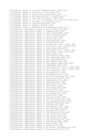 17169,Wings: Season 2: A Little Nightmare Music,1990,,1377
17170,Wings: Season 2: The Story of Joe,1990,,1375
17171,Wings: Season 2: Sports and Leisure,1990,,1375
17172,Wings: Season 2: As Stand Up Kind of Guy,1990,,1377
17173,Wings: Season 2: Hell Hath No Fury...,1990,,1374
17174,Wings: Season 2: It's Not the Thought It's the Gift,1990,,1373
17175,Wings: Season 2: Friends or Lovers,1990,,1376
17176,Wings: Season 2: High Anxiety,1990,,1375
17177,Wings: Season 2: Airport 90,1990,,1376
17178,Wings: Season 2: Plane Nine from Nantucket,1990,,1374
17179,Mission: Impossible: Season 4: The Choice,1969,,3028
17180,Mission: Impossible: Season 4: Orpheus,1969,,3029
17181,Mission: Impossible: Season 4: Death Squad,1969,,3028
17182,Mission: Impossible: Season 4: The Crane,1969,,3029
17183,Mission: Impossible: Season 4: Terror,1969,,3029
17184,Mission: Impossible: Season 4: Chico,1969,,3030
17185,Mission: Impossible: Season 4: Phantoms,1969,,3042
17186,Mission: Impossible: Season 4: Gitano,1969,,3029
17187,Mission: Impossible: Season 4: The Falcon: Part 2,1969,,3030
17188,Mission: Impossible: Season 4: The Falcon: Part 1,1969,,3028
17189,Mission: Impossible: Season 4: Time Bomb,1969,,3030
17190,Mission: Impossible: Season 4: The Falcon: Part 3,1969,,3031
17191,Mission: Impossible: Season 4: The Double Circle,1969,,3030
17192,Mission: Impossible: Season 4: Robot,1969,,3031
17193,Mission: Impossible: Season 4: The Brothers,1969,,3030
17194,Mission: Impossible: Season 4: The Submarine,1969,,3029
17195,Mission: Impossible: Season 4: The Code,1969,,3032
17196,Mission: Impossible: Season 4: Mastermind,1969,,3029
17197,Mission: Impossible: Season 4: The Numbers Game,1969,,3030
17198,Mission: Impossible: Season 4: Commandant,1969,,3031
17199,Mission: Impossible: Season 4: The Controller: Part 1,1969,,3030
17200,Mission: Impossible: Season 4: The Controller: Part 2,1969,,3029
17201,Mission: Impossible: Season 6: The Tram,1971,,3047
17202,Mission: Impossible: Season 6: Mindbend,1971,,3048
17203,Mission: Impossible: Season 6: The Miracle,1971,,3049
17204,Mission: Impossible: Season 6: Run for the Money,1971,,3048
17205,Mission: Impossible: Season 6: The Visitors,1971,,3048
17206,Mission: Impossible: Season 6: Underwater,1971,,3050
17207,Mission: Impossible: Season 6: Shape Up,1971,,3050
17208,Mission: Impossible: Season 6: Encounter,1971,,3048
17209,Mission: Impossible: Season 5: Blast,1970,,3010
17210,Mission: Impossible: Season 5: The Field,1970,,3006
17211,Mission: Impossible: Season 5: Kitara,1970,,3010
17212,Mission: Impossible: Season 5: The Missile,1970,,3011
17213,Mission: Impossible: Season 6: The Bride,1971,,3054
17214,Mission: Impossible: Season 6: Blind,1971,,3049
17215,Mission: Impossible: Season 5: The Party,1970,,3009
17216,Mission: Impossible: Season 5: A Ghost Story,1970,,3007
17217,Mission: Impossible: Season 5: The Catafalque,1970,,3013
17218,Mission: Impossible: Season 5: Squeeze Play,1970,,3009
17219,Mission: Impossible: Season 5: Hunted,1970,,3009
17220,Mission: Impossible: Season 5: The Amateur,1970,,3008
17221,Mission: Impossible: Season 5: The Hostage,1970,,3008
17222,Mission: Impossible: Season 5: Takeover,1970,,3009
17223,Mission: Impossible: Season 5: The Merchant,1970,,3009
17224,Mission: Impossible: Season 5: Cat's Paw,1970,,3009
17225,Mission: Impossible: Season 5: The Rebel,1970,,3007
17226,Mission: Impossible: Season 5: The Killer,1970,,3010
17227,Mission: Impossible: Season 5: The Butterfly,1970,,3003
17228,Mission: Impossible: Season 5: Homecoming,1970,,3008
17229,Mission: Impossible: Season 5: Decoy,1970,,3009
17230,Mission: Impossible: Season 5: Flight,1970,,3010
17231,Mission: Impossible: Season 5: My Friend My Enemy,1970,,3014
17232,Mission: Impossible: Season 5: The Innocent,1970,,3010
 