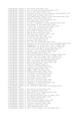 17297,Wings: Season 2: The Tennis Bum,1990,,1370
17298,Wings: Season 2: Love Is Like Pulling Teeth,1990,,1376
17299,Wings: Season 2: All in the Family,1990,,1376
17300,Wings: Season 2: Looking for Love in all the Wrong Places,1990,,1375
17301,Wings: Season 2: Mother Wore Stripes,1990,,1375
17302,Wings: Season 2: Love Means Never Having to Say Geronimo,1990,,1375
17303,Wings: Season 2: Murder She Roast,1990,,1375
17304,Wings: Season 2: Duet for Cello and Plane,1990,,1375
17305,Wings: Season 3: The Naked Truth,1991,,1344
17306,Wings: Season 3: Is That a Subpoena in Your Pocket?,1991,,1343
17307,Wings: Season 3: The Taming of the Shrew,1991,,1343
17308,Wings: Season 3: If Elected I Will Not Live,1991,,1340
17309,Wings: Season 3: I Ain't Got No Bunny,1991,,1343
17310,Wings: Season 3: Crate Expectations,1991,,1343
17311,Wings: Season 3: My Brother's Keeper,1991,,1342
17312,Wings: Season 3: Ladies Who Lunch,1991,,1342
17313,Wings: Season 3: The Late Mrs. Biggins,1991,,1342
17314,Wings: Season 3: The Bogey Men,1991,,1341
17315,Wings: Season 6: A House to Die For,1994,,1366
17316,Wings: Season 6: Et Tu Antonio,1994,,1334
17317,Wings: Season 6: Nuptials Off,1994,,1363
17318,Wings: Season 6: Ex Lies and Videotape,1994,,1358
17319,Wings: Season 6: Portrait of the Con Artist as a Young Man,1994,,1363
17320,Wings: Season 6: Remembrance of Flings Past: Part 2,1994,,1363
17321,Wings: Season 6: Remembrance of Flings Past: Part 1,1994,,1363
17322,Wings: Season 6: Let's Call the Whole Thing Off,1994,,1348
17323,Wings: Season 7: So Long Frank Lloyd Wrong,1995,,1351
17324,Wings: Season 7: Hooker Line and Sinker,1995,,1349
17325,Wings: Season 7: Death Becomes Him,1995,,1351
17326,Wings: Season 7: The Person Formerly Known as Lowell,1995,,1341
17327,Wings: Season 7: Burnin' Down the House: Part 2,1995,,1350
17328,Wings: Season 7: Burnin' Down the House: Part 1,1995,,1352
17329,Wings: Season 6: Here It Is: The Big Wedding,1994,,1363
17330,Wings: Season 6: Boys Just Wanna Have Fun,1994,,1364
17331,Wings: Season 7: When a Man Loves a Donut,1995,,1350
17332,Wings: Season 7: The Big Sleep,1995,,1350
17333,Wings: Season 5: Come Fly with Me,1993,,1332
17334,Wings: Season 5: 2 Good 2 B 4 Gotten,1993,,1332
17335,Wings: Season 5: Happy Holidays,1993,,1312
17336,Wings: Season 5: Ready Teddy Go,1993,,1322
17337,Wings: Season 5: A Black Eye Affair,1993,,1332
17338,Wings: Season 5: An Affair to Forget,1993,,1332
17339,Wings: Season 5: Joe Blows: Part 2,1993,,1332
17340,Wings: Season 5: Joe Blows: Part 1,1993,,1302
17341,Wings: Season 5: Moonlighting,1993,,1333
17342,Wings: Season 5: Say Uncle Carlton,1993,,1332
17343,Wings: Season 5: Boys Will Be Girls,1993,,1332
17344,Wings: Season 5: Sleepless in Nantucket,1993,,1332
17345,Wings: Season 5: The Faygitive,1993,,1332
17346,Wings: Season 5: Oh Give Me a Home Where the Mathers Don't
Roam,1993,,1333
17347,Wings: Season 5: Exclusively Yours,1993,,1332
17348,Wings: Season 5: Hey Nineteen,1993,,1332
17349,Wings: Season 6: Whose Wife Is It Anyway?,1994,,1364
17350,Wings: Season 6: The Shrink,1994,,1364
17351,Wings: Season 6: The Spark and How to Get It,1994,,1363
17352,Wings: Season 6: The Waxman Cometh,1994,,1364
17353,Wings: Season 5: Roy Crazy,1993,,1332
17354,Wings: Season 5: Long Distance Lament,1993,,1332
17355,Wings: Season 5: Call of the Wild,1993,,1332
17356,Wings: Season 5: A Decent Proposal,1993,,1332
17357,Wings: Season 6: Insanity Claus,1994,,1363
17358,Wings: Season 6: She's Baaack!,1994,,1364
17359,Wings: Season 6: Have I Got a Couple for You,1994,,1365
 