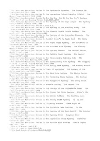 17582,Busytown Mysteries: Series 2: The Sandcastle Squasher The Strange Ski
Tracks Mystery,2010,,1444
17583,Busytown Mysteries: Series 2: The Mysterious Colour-Changing T-Shirt The
Metal Finger Mystery,2010,,1443
17584,Busytown Mysteries: Series 2: The Now You See It Now You Don't Mystery
The Mystery of the Missing Pirate Gold,2010,,1443
17585,Busytown Mysteries: Series 1: The Mystery of the High Jumper The Mystery
of the Summer Snowman,2007,,1444
17586,Busytown Mysteries: Series 2,2010,3.5,
17587,Busytown Mysteries: Series 2: The Mystery of the Mumbling Mummy The
False Alarm Mystery,2010,,1443
17588,Busytown Mysteries: Series 2: The Missing Cookie Coupon Mystery The
Mystery of the Broken Boat,2010,,1443
17589,Busytown Mysteries: Series 1: The Mystery of the Unpopular Pizzeria The
Silly Scarecrow Mystery,2007,,1443
17590,Busytown Mysteries: Series 1: Huckle! Where's My Apple Car? The Dirty
Laundry Mystery,2007,,1444
17591,Busytown Mysteries: Series 1: The Eight Shoes Mystery The Something in
the Woods Mystery,2007,,1444
17592,Busytown Mysteries: Series 1: The Borrowed Book Mystery The Missing
Mystery Books,2007,,1444
17593,Busytown Mysteries: Series 1: The Mystery Present The Smudged Letter
Mystery,2007,,1444
17594,Busytown Mysteries: Series 1: The Falling Fruit Mystery The Dragon
Hunters,2007,,1444
17595,Busytown Mysteries: Series 1: The Disappearing Swimming Hole The
Forgotten Fire Hose Mystery,2007,,1444
17596,Busytown Mysteries: Series 1: The Disappearing Home Mystery The Slipping
Sliding Flipping Flying Mystery,2007,,1444
17597,Busytown Mysteries: Series 1: The Pretty Park Mystery The Missing Museum
Statue Mystery,2007,,1444
17598,Busytown Mysteries: Series 1: Chain of Mysteries The Mystery of the
Unfinished Painting,2007,,1444
17599,Busytown Mysteries: Series 1: The Bank Note Mystery The Flying Saucer
Mystery,2007,,1444
17600,Busytown Mysteries: Series 1: The Vanishing Tiara Mystery The Postage
Stamp Mystery,2007,,1444
17601,Busytown Mysteries: Series 1: The Playground Mystery The Crazy Clock
Mix-Up Mystery,2007,,1444
17602,Busytown Mysteries: Series 1: Where's Junior? The Secret Club
Mystery,2007,,1444
17603,Busytown Mysteries: Series 1: The Mystery of the Unbreakable Bread The
Twisty Line Mystery,2007,,1444
17604,Busytown Mysteries: Series 1: The Cheese Car Chomp Mystery Where's the
Hero?,2007,,1444
17605,Busytown Mysteries: Series 1: Six Little Muffins The Crashing Cans
Mystery,2007,,1444
17606,Busytown Mysteries: Series 1: The Sticky Stuff Mystery Up Up and
Away,2007,,1444
17607,Busytown Mysteries: Series 1: Litterbug Busters There Might Be
Giants,2007,,1444
17608,Busytown Mysteries: Series 1: The Invisible Cake Snatcher On the
Move,2007,,1444
17609,Busytown Mysteries: Series 1: The Mystery of the Lost Parrot The Monster
Mystery,2007,,1444
17610,Busytown Mysteries: Series 1: The Mystery Wheel Busytown Blue-
Bottoms,2007,,1444
17611,Busytown Mysteries: Series 1: The Lighthouse Ghost Mystery Cornfield
Confusion,2007,,1444
17612,Busytown Mysteries: Series 1: The Trouble with Bubbles Little Orphan
Egg,2007,,1444
17613,Ally McBeal,1997,3.4,
17614,10 Items or Less,2006,2.9,
17615,Dead Space: Aftermath,2011,3.4,4669
 