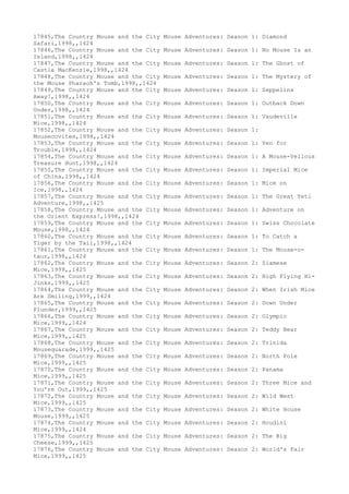 17845,The Country Mouse and the City Mouse Adventures: Season 1: Diamond
Safari,1998,,1424
17846,The Country Mouse and the City Mouse Adventures: Season 1: No Mouse Is an
Island,1998,,1424
17847,The Country Mouse and the City Mouse Adventures: Season 1: The Ghost of
Castle MacKenzie,1998,,1424
17848,The Country Mouse and the City Mouse Adventures: Season 1: The Mystery of
the Mouse Pharaoh's Tomb,1998,,1424
17849,The Country Mouse and the City Mouse Adventures: Season 1: Zeppelins
Away!,1998,,1424
17850,The Country Mouse and the City Mouse Adventures: Season 1: Outback Down
Under,1998,,1424
17851,The Country Mouse and the City Mouse Adventures: Season 1: Vaudeville
Mice,1998,,1424
17852,The Country Mouse and the City Mouse Adventures: Season 1:
Mousecovites,1998,,1424
17853,The Country Mouse and the City Mouse Adventures: Season 1: Yen for
Trouble,1998,,1424
17854,The Country Mouse and the City Mouse Adventures: Season 1: A Mouse-Vellous
Treasure Hunt,1998,,1424
17855,The Country Mouse and the City Mouse Adventures: Season 1: Imperial Mice
of China,1998,,1424
17856,The Country Mouse and the City Mouse Adventures: Season 1: Mice on
Ice,1998,,1424
17857,The Country Mouse and the City Mouse Adventures: Season 1: The Great Yeti
Adventure,1998,,1425
17858,The Country Mouse and the City Mouse Adventures: Season 1: Adventure on
the Orient Express!,1998,,1424
17859,The Country Mouse and the City Mouse Adventures: Season 1: Swiss Chocolate
Mouse,1998,,1424
17860,The Country Mouse and the City Mouse Adventures: Season 1: To Catch a
Tiger by the Tail,1998,,1424
17861,The Country Mouse and the City Mouse Adventures: Season 1: The Mouse-o-
taur,1998,,1424
17862,The Country Mouse and the City Mouse Adventures: Season 2: Siamese
Mice,1999,,1425
17863,The Country Mouse and the City Mouse Adventures: Season 2: High Flying Hi-
Jinks,1999,,1425
17864,The Country Mouse and the City Mouse Adventures: Season 2: When Irish Mice
Are Smiling,1999,,1424
17865,The Country Mouse and the City Mouse Adventures: Season 2: Down Under
Plunder,1999,,1425
17866,The Country Mouse and the City Mouse Adventures: Season 2: Olympic
Mice,1999,,1424
17867,The Country Mouse and the City Mouse Adventures: Season 2: Teddy Bear
Mice,1999,,1425
17868,The Country Mouse and the City Mouse Adventures: Season 2: Trinida
Mousequarade,1999,,1425
17869,The Country Mouse and the City Mouse Adventures: Season 2: North Pole
Mice,1999,,1425
17870,The Country Mouse and the City Mouse Adventures: Season 2: Panama
Mice,1999,,1425
17871,The Country Mouse and the City Mouse Adventures: Season 2: Three Mice and
You're Out,1999,,1425
17872,The Country Mouse and the City Mouse Adventures: Season 2: Wild West
Mice,1999,,1425
17873,The Country Mouse and the City Mouse Adventures: Season 2: White House
Mouse,1999,,1425
17874,The Country Mouse and the City Mouse Adventures: Season 2: Houdini
Mice,1999,,1424
17875,The Country Mouse and the City Mouse Adventures: Season 2: The Big
Cheese,1999,,1425
17876,The Country Mouse and the City Mouse Adventures: Season 2: World's Fair
Mice,1999,,1425
 