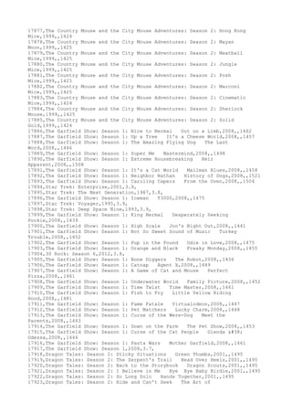 17877,The Country Mouse and the City Mouse Adventures: Season 2: Hong Kong
Mice,1999,,1424
17878,The Country Mouse and the City Mouse Adventures: Season 2: Mayan
Moon,1999,,1425
17879,The Country Mouse and the City Mouse Adventures: Season 2: Meatball
Mice,1999,,1425
17880,The Country Mouse and the City Mouse Adventures: Season 2: Jungle
Mice,1999,,1425
17881,The Country Mouse and the City Mouse Adventures: Season 2: Posh
Mice,1999,,1425
17882,The Country Mouse and the City Mouse Adventures: Season 2: Marconi
Mice,1999,,1425
17883,The Country Mouse and the City Mouse Adventures: Season 2: Cinematic
Mice,1999,,1424
17884,The Country Mouse and the City Mouse Adventures: Season 2: Sherlock
Mouse,1999,,1425
17885,The Country Mouse and the City Mouse Adventures: Season 2: Solid
Gold,1999,,1424
17886,The Garfield Show: Season 1: Nice to Nermal Out on a Limb,2008,,1462
17887,The Garfield Show: Season 1: Up a Tree It's a Cheese World,2008,,1457
17888,The Garfield Show: Season 1: The Amazing Flying Dog The Last
Word,2008,,1446
17889,The Garfield Show: Season 1: Super Me Mastermind,2008,,1498
17890,The Garfield Show: Season 1: Extreme Housebreaking Heir
Apparent,2008,,1508
17891,The Garfield Show: Season 1: It's a Cat World Mailman Blues,2008,,1458
17892,The Garfield Show: Season 1: Neighbor Nathan History of Dogs,2008,,1521
17893,The Garfield Show: Season 1: Caroling Capers From the Oven,2008,,1504
17894,Star Trek: Enterprise,2001,3.9,
17895,Star Trek: The Next Generation,1987,3.8,
17896,The Garfield Show: Season 1: Iceman T3000,2008,,1475
17897,Star Trek: Voyager,1995,3.9,
17898,Star Trek: Deep Space Nine,1993,3.9,
17899,The Garfield Show: Season 1: King Nermal Desperately Seeking
Pookie,2008,,1439
17900,The Garfield Show: Season 1: High Scale Jon's Night Out,2008,,1441
17901,The Garfield Show: Season 1: Not So Sweet Sound of Music Turkey
Trouble,2008,,1452
17902,The Garfield Show: Season 1: Pup in the Pound Odie in Love,2008,,1475
17903,The Garfield Show: Season 1: Orange and Black Freaky Monday,2008,,1455
17904,30 Rock: Season 6,2012,3.8,
17905,The Garfield Show: Season 1: Bone Diggers The Robot,2008,,1436
17906,The Garfield Show: Season 1: Catnap Agent X,2008,,1449
17907,The Garfield Show: Season 1: A Game of Cat and Mouse Perfect
Pizza,2008,,1461
17908,The Garfield Show: Season 1: Underwater World Family Picture,2008,,1452
17909,The Garfield Show: Season 1: Time Twist Time Master,2008,,1461
17910,The Garfield Show: Season 1: Fish to Fry Little Yellow Riding
Hood,2008,,1481
17911,The Garfield Show: Season 1: Fame Fatale Virtualodeon,2008,,1447
17912,The Garfield Show: Season 1: Pet Matchers Lucky Charm,2008,,1448
17913,The Garfield Show: Season 1: Curse of the Were-Dog Meet the
Parents,2008,,1443
17914,The Garfield Show: Season 1: Down on the Farm The Pet Show,2008,,1453
17915,The Garfield Show: Season 1: Curse of the Cat People Glenda &
Odessa,2008,,1444
17916,The Garfield Show: Season 1: Pasta Wars Mother Garfield,2008,,1461
17917,The Garfield Show: Season 1,2008,3.7,
17918,Dragon Tales: Season 2: Sticky Situations Green Thumbs,2001,,1495
17919,Dragon Tales: Season 2: The Serpent's Trail Head Over Heels,2001,,1495
17920,Dragon Tales: Season 2: Back to the Storybook Dragon Scouts,2001,,1495
17921,Dragon Tales: Season 2: I Believe in Me Bye Bye Baby Birdie,2001,,1495
17922,Dragon Tales: Season 2: So Long Solo Hands Together,2001,,1495
17923,Dragon Tales: Season 2: Hide and Can't Seek The Art of
 