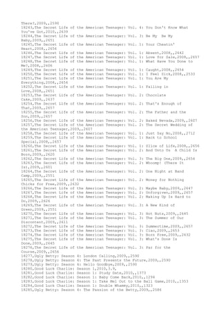 There?,2009,,2590
18243,The Secret Life of the American Teenager: Vol. 4: You Don't Know What
You've Got,2010,,2639
18244,The Secret Life of the American Teenager: Vol. 3: Be My Be My
Baby,2009,,2651
18245,The Secret Life of the American Teenager: Vol. 1: Your Cheatin'
Heart,2008,,2656
18246,The Secret Life of the American Teenager: Vol. 1: Absent,2008,,2642
18247,The Secret Life of the American Teenager: Vol. 1: Love for Sale,2008,,2657
18248,The Secret Life of the American Teenager: Vol. 1: What Have You Done to
Me?,2008,,2606
18249,The Secret Life of the American Teenager: Vol. 1: Caught,2008,,2654
18250,The Secret Life of the American Teenager: Vol. 1: I Feel Sick,2008,,2533
18251,The Secret Life of the American Teenager: Vol. 1: You Are My
Everything,2008,,2654
18252,The Secret Life of the American Teenager: Vol. 1: Falling in
Love,2008,,2651
18253,The Secret Life of the American Teenager: Vol. 2: Chocolate
Cake,2009,,2637
18254,The Secret Life of the American Teenager: Vol. 2: That's Enough of
That,2009,,2657
18255,The Secret Life of the American Teenager: Vol. 2: The Father and the
Son,2009,,2657
18256,The Secret Life of the American Teenager: Vol. 2: Baked Nevada,2009,,2607
18257,The Secret Life of the American Teenager: Vol. 2: The Secret Wedding of
the American Teenager,2009,,2607
18258,The Secret Life of the American Teenager: Vol. 1: Just Say No,2008,,2712
18259,The Secret Life of the American Teenager: Vol. 1: Back to School
Special,2008,,2657
18260,The Secret Life of the American Teenager: Vol. 1: Slice of Life,2008,,2656
18261,The Secret Life of the American Teenager: Vol. 2: And Unto Us A Child Is
Born,2009,,2620
18262,The Secret Life of the American Teenager: Vol. 3: The Big One,2009,,2654
18263,The Secret Life of the American Teenager: Vol. 2: Whoomp! (There It
Is),2009,,2601
18264,The Secret Life of the American Teenager: Vol. 2: One Night at Band
Camp,2009,,2551
18265,The Secret Life of the American Teenager: Vol. 2: Money for Nothing
Chicks for Free,2009,,2632
18266,The Secret Life of the American Teenager: Vol. 2: Maybe Baby,2009,,2647
18267,The Secret Life of the American Teenager: Vol. 2: Unforgiven,2009,,2657
18268,The Secret Life of the American Teenager: Vol. 2: Making Up Is Hard to
Do,2009,,2626
18269,The Secret Life of the American Teenager: Vol. 3: A New Kind of
Green,2009,,2551
18270,The Secret Life of the American Teenager: Vol. 3: Hot Nuts,2009,,2645
18271,The Secret Life of the American Teenager: Vol. 3: The Summer of Our
Discontent,2009,,2611
18272,The Secret Life of the American Teenager: Vol. 3: Summertime,2009,,2657
18273,The Secret Life of the American Teenager: Vol. 3: Ciao,2009,,2653
18274,The Secret Life of the American Teenager: Vol. 3: Born Free,2009,,2632
18275,The Secret Life of the American Teenager: Vol. 3: What's Done Is
Done,2009,,2645
18276,The Secret Life of the American Teenager: Vol. 3: Par for the
Course,2009,,2656
18277,Ugly Betty: Season 4: London Calling,2009,,2590
18278,Ugly Betty: Season 4: The Past Presents the Future,2009,,2590
18279,Ugly Betty: Season 4: Hello Goodbye,2009,,2590
18280,Good Luck Charlie: Season 1,2010,3.9,
18281,Good Luck Charlie: Season 1: Study Date,2010,,1373
18282,Good Luck Charlie: Season 1: Baby Come Back,2010,,1294
18283,Good Luck Charlie: Season 1: Take Mel Out to the Ball Game,2010,,1353
18284,Good Luck Charlie: Season 1: Double Whammy,2010,,1323
18285,Ugly Betty: Season 4: The Passion of the Betty,2009,,2586
 