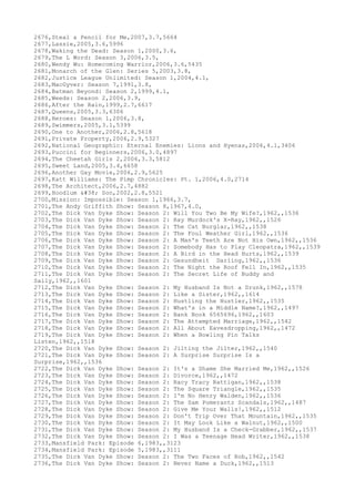 2676,Steal a Pencil for Me,2007,3.7,5664
2677,Lassie,2005,3.6,5996
2678,Waking the Dead: Season 1,2000,3.6,
2679,The L Word: Season 3,2006,3.5,
2680,Wendy Wu: Homecoming Warrior,2006,3.6,5435
2681,Monarch of the Glen: Series 5,2003,3.8,
2682,Justice League Unlimited: Season 1,2004,4.1,
2683,MacGyver: Season 7,1991,3.8,
2684,Batman Beyond: Season 2,1999,4.1,
2685,Weeds: Season 2,2006,3.9,
2686,After the Rain,1999,2.7,6617
2687,Queens,2005,3.3,6306
2688,Heroes: Season 1,2006,3.8,
2689,Swimmers,2005,3.1,5399
2690,One to Another,2006,2.8,5618
2691,Private Property,2006,2.9,5327
2692,National Geographic: Eternal Enemies: Lions and Hyenas,2006,4.1,3406
2693,Puccini for Beginners,2006,3.0,4897
2694,The Cheetah Girls 2,2006,3.3,5812
2695,Sweet Land,2005,3.4,6658
2696,Another Gay Movie,2006,2.9,5625
2697,Katt Williams: The Pimp Chronicles: Pt. 1,2006,4.0,2714
2698,The Architect,2006,2.7,4882
2699,Hoodlum & Son,2002,2.8,5521
2700,Mission: Impossible: Season 1,1966,3.7,
2701,The Andy Griffith Show: Season 8,1967,4.0,
2702,The Dick Van Dyke Show: Season 2: Will You Two Be My Wife?,1962,,1536
2703,The Dick Van Dyke Show: Season 2: Ray Murdock's X-Ray,1962,,1526
2704,The Dick Van Dyke Show: Season 2: The Cat Burglar,1962,,1538
2705,The Dick Van Dyke Show: Season 2: The Foul Weather Girl,1962,,1536
2706,The Dick Van Dyke Show: Season 2: A Man's Teeth Are Not His Own,1962,,1536
2707,The Dick Van Dyke Show: Season 2: Somebody Has to Play Cleopatra,1962,,1539
2708,The Dick Van Dyke Show: Season 2: A Bird in the Head Hurts,1962,,1539
2709,The Dick Van Dyke Show: Season 2: Gesundheit Darling,1962,,1536
2710,The Dick Van Dyke Show: Season 2: The Night the Roof Fell In,1962,,1535
2711,The Dick Van Dyke Show: Season 2: The Secret Life of Buddy and
Sally,1962,,1601
2712,The Dick Van Dyke Show: Season 2: My Husband Is Not a Drunk,1962,,1578
2713,The Dick Van Dyke Show: Season 2: Like a Sister,1962,,1614
2714,The Dick Van Dyke Show: Season 2: Hustling the Hustler,1962,,1535
2715,The Dick Van Dyke Show: Season 2: What's in a Middle Name?,1962,,1497
2716,The Dick Van Dyke Show: Season 2: Bank Book 6565696,1962,,1603
2717,The Dick Van Dyke Show: Season 2: The Attempted Marriage,1962,,1542
2718,The Dick Van Dyke Show: Season 2: All About Eavesdropping,1962,,1472
2719,The Dick Van Dyke Show: Season 2: When a Bowling Pin Talks
Listen,1962,,1518
2720,The Dick Van Dyke Show: Season 2: Jilting the Jilter,1962,,1540
2721,The Dick Van Dyke Show: Season 2: A Surprise Surprise Is a
Surprise,1962,,1536
2722,The Dick Van Dyke Show: Season 2: It's a Shame She Married Me,1962,,1526
2723,The Dick Van Dyke Show: Season 2: Divorce,1962,,1472
2724,The Dick Van Dyke Show: Season 2: Racy Tracy Rattigan,1962,,1538
2725,The Dick Van Dyke Show: Season 2: The Square Triangle,1962,,1535
2726,The Dick Van Dyke Show: Season 2: I'm No Henry Walden,1962,,1536
2727,The Dick Van Dyke Show: Season 2: The Sam Pomerantz Scandals,1962,,1487
2728,The Dick Van Dyke Show: Season 2: Give Me Your Walls!,1962,,1512
2729,The Dick Van Dyke Show: Season 2: Don't Trip Over That Mountain,1962,,1535
2730,The Dick Van Dyke Show: Season 2: It May Look Like a Walnut,1962,,1500
2731,The Dick Van Dyke Show: Season 2: My Husband Is a Check-Grabber,1962,,1537
2732,The Dick Van Dyke Show: Season 2: I Was a Teenage Head Writer,1962,,1538
2733,Mansfield Park: Episode 6,1983,,3123
2734,Mansfield Park: Episode 5,1983,,3111
2735,The Dick Van Dyke Show: Season 2: The Two Faces of Rob,1962,,1542
2736,The Dick Van Dyke Show: Season 2: Never Name a Duck,1962,,1513
 