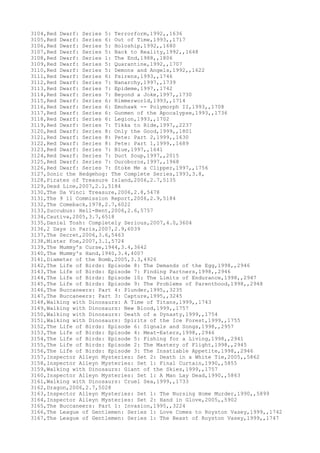 3104,Red Dwarf: Series 5: Terrorform,1992,,1636
3105,Red Dwarf: Series 6: Out of Time,1993,,1717
3106,Red Dwarf: Series 5: Holoship,1992,,1680
3107,Red Dwarf: Series 5: Back to Reality,1992,,1648
3108,Red Dwarf: Series 1: The End,1988,,1806
3109,Red Dwarf: Series 5: Quarantine,1992,,1707
3110,Red Dwarf: Series 5: Demons and Angels,1992,,1622
3111,Red Dwarf: Series 6: Psirens,1993,,1746
3112,Red Dwarf: Series 7: Nanarchy,1997,,1739
3113,Red Dwarf: Series 7: Epideme,1997,,1742
3114,Red Dwarf: Series 7: Beyond a Joke,1997,,1730
3115,Red Dwarf: Series 6: Rimmerworld,1993,,1714
3116,Red Dwarf: Series 6: Emohawk -- Polymorph II,1993,,1708
3117,Red Dwarf: Series 6: Gunmen of the Apocalypse,1993,,1736
3118,Red Dwarf: Series 6: Legion,1993,,1702
3119,Red Dwarf: Series 7: Tikka to Ride,1997,,2237
3120,Red Dwarf: Series 8: Only the Good,1999,,1801
3121,Red Dwarf: Series 8: Pete: Part 2,1999,,1630
3122,Red Dwarf: Series 8: Pete: Part 1,1999,,1689
3123,Red Dwarf: Series 7: Blue,1997,,1641
3124,Red Dwarf: Series 7: Duct Soup,1997,,2015
3125,Red Dwarf: Series 7: Ouroboros,1997,,1968
3126,Red Dwarf: Series 7: Stoke Me a Clipper,1997,,1756
3127,Sonic the Hedgehog: The Complete Series,1993,3.8,
3128,Pirates of Treasure Island,2006,2.7,5135
3129,Dead Line,2007,2.1,5184
3130,The Da Vinci Treasure,2006,2.8,5478
3131,The 9 11 Commission Report,2006,2.9,5184
3132,The Comeback,1978,2.7,6022
3133,Succubus: Hell-Bent,2006,2.6,5757
3134,Cautiva,2005,3.7,6518
3135,Daniel Tosh: Completely Serious,2007,4.0,3604
3136,2 Days in Paris,2007,2.9,6039
3137,The Secret,2006,3.6,5463
3138,Mister Foe,2007,3.1,5724
3139,The Mummy's Curse,1944,3.4,3642
3140,The Mummy's Hand,1940,3.4,4007
3141,Diameter of the Bomb,2005,3.3,4926
3142,The Life of Birds: Episode 8: The Demands of the Egg,1998,,2946
3143,The Life of Birds: Episode 7: Finding Partners,1998,,2946
3144,The Life of Birds: Episode 10: The Limits of Endurance,1998,,2947
3145,The Life of Birds: Episode 9: The Problems of Parenthood,1998,,2948
3146,The Buccaneers: Part 4: Plunder,1995,,3235
3147,The Buccaneers: Part 3: Capture,1995,,3245
3148,Walking with Dinosaurs: A Time of Titans,1999,,1743
3149,Walking with Dinosaurs: New Blood,1999,,1757
3150,Walking with Dinosaurs: Death of a Dynasty,1999,,1754
3151,Walking with Dinosaurs: Spirits of the Ice Forest,1999,,1755
3152,The Life of Birds: Episode 6: Signals and Songs,1998,,2957
3153,The Life of Birds: Episode 4: Meat-Eaters,1998,,2946
3154,The Life of Birds: Episode 5: Fishing for a Living,1998,,2941
3155,The Life of Birds: Episode 2: The Mastery of Flight,1998,,2945
3156,The Life of Birds: Episode 3: The Insatiable Appetite,1998,,2946
3157,Inspector Alleyn Mysteries: Set 2: Death in a White Tie,2005,,5862
3158,Inspector Alleyn Mysteries: Set 1: Final Curtain,1990,,5855
3159,Walking with Dinosaurs: Giant of the Skies,1999,,1757
3160,Inspector Alleyn Mysteries: Set 1: A Man Lay Dead,1990,,5863
3161,Walking with Dinosaurs: Cruel Sea,1999,,1733
3162,Dragon,2006,2.7,5028
3163,Inspector Alleyn Mysteries: Set 1: The Nursing Home Murder,1990,,5899
3164,Inspector Alleyn Mysteries: Set 2: Hand in Glove,2005,,5902
3165,The Buccaneers: Part 1: Invasion,1995,,3224
3166,The League of Gentlemen: Series 1: Love Comes to Royston Vasey,1999,,1742
3167,The League of Gentlemen: Series 1: The Beast of Royston Vasey,1999,,1747
 