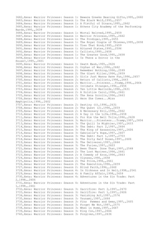 3682,Xena: Warrior Princess: Season 1: Beware Greeks Bearing Gifts,1995,,2660
3683,Xena: Warrior Princess: Season 1: The Black Wolf,1995,,2657
3684,Xena: Warrior Princess: Season 1: A Fistful of Dinars,1995,,2662
3685,Xena: Warrior Princess: Season 1: Athens City Academy of the Performing
Bards,1995,,2639
3686,Xena: Warrior Princess: Season 1: Mortal Beloved,1995,,2659
3687,Xena: Warrior Princess: Season 1: Warrior Princess,1995,,2662
3688,Xena: Warrior Princess: Season 1: The Prodigal,1995,,2655
3689,Xena: Warrior Princess: Season 1: The Royal Couple of Thieves,1995,,2658
3690,Xena: Warrior Princess: Season 1: Ties That Bind,1995,,2659
3691,Xena: Warrior Princess: Season 1: Altared States,1995,,2596
3692,Xena: Warrior Princess: Season 1: Callisto,1995,,2658
3693,Xena: Warrior Princess: Season 1: The Greater Good,1995,,2658
3694,Xena: Warrior Princess: Season 1: Is There a Doctor in the
House?,1995,,2601
3695,Xena: Warrior Princess: Season 1: Death Mask,1995,,2626
3696,Xena: Warrior Princess: Season 2: Orphan of War,1996,,2662
3697,Xena: Warrior Princess: Season 2: Remember Nothing,1996,,2599
3698,Xena: Warrior Princess: Season 2: The Giant Killer,1996,,2659
3699,Xena: Warrior Princess: Season 2: Girls Just Wanna Have Fun,1996,,2657
3700,Xena: Warrior Princess: Season 2: Return of Callisto,1996,,2663
3701,Xena: Warrior Princess: Season 2: Warrior...Princess...Tramp,1996,,2664
3702,Xena: Warrior Princess: Season 2: Intimate Stranger,1996,,2656
3703,Xena: Warrior Princess: Season 2: Ten Little Warlords,1996,,2631
3704,Xena: Warrior Princess: Season 2: A Solstice Carol,1996,,2661
3705,Xena: Warrior Princess: Season 2: The Xena Scrolls,1996,,2663
3706,Xena: Warrior Princess: Season 2: Here She Comes...Miss
Amphipolis,1996,,2602
3707,Xena: Warrior Princess: Season 2: Destiny (1),1996,,2631
3708,Xena: Warrior Princess: Season 2: The Quest (2),1996,,2659
3709,Xena: Warrior Princess: Season 2: A Necessary Evil,1996,,2662
3710,Xena: Warrior Princess: Season 2: A Day in the Life,1996,,2658
3711,Xena: Warrior Princess: Season 2: For Him the Bell Tolls,1996,,2628
3712,Xena: Warrior Princess: Season 3: Warrior...Priestess...Tramp,1997,,2604
3713,Xena: Warrior Princess: Season 3: The Quill Is Mightier,1997,,2633
3714,Xena: Warrior Princess: Season 3: The Debt: Part 2,1997,,2664
3715,Xena: Warrior Princess: Season 3: The King of Assassins,1997,,2606
3716,Xena: Warrior Princess: Season 3: Gabrielle's Hope,1997,,2607
3717,Xena: Warrior Princess: Season 3: The Debt: Part 1,1997,,2703
3718,Xena: Warrior Princess: Season 3: The Dirty Half Dozen,1997,,2606
3719,Xena: Warrior Princess: Season 3: The Deliverer,1997,,2664
3720,Xena: Warrior Princess: Season 3: The Furies,1997,,2603
3721,Xena: Warrior Princess: Season 3: Been There Done That,1997,,2548
3722,Xena: Warrior Princess: Season 2: The Lost Mariner,1996,,2661
3723,Xena: Warrior Princess: Season 2: A Comedy of Eros,1996,,2663
3724,Xena: Warrior Princess: Season 2: Ulysses,1996,,2658
3725,Xena: Warrior Princess: Season 2: The Price,1996,,2661
3726,Xena: Warrior Princess: Season 2: The Execution,1996,,2659
3727,Xena: Warrior Princess: Season 2: Blind Faith,1996,,2660
3728,Xena: Warrior Princess: Season 4: In Sickness and In Hell,1998,,2541
3729,Xena: Warrior Princess: Season 4: A Family Affair,1998,,2659
3730,Xena: Warrior Princess: Season 4: Adventures in the Sin Trade: Part
2,1998,,2606
3731,Xena: Warrior Princess: Season 4: Adventures in the Sin Trade: Part
1,1998,,2661
3732,Xena: Warrior Princess: Season 3: Sacrifice: Part 2,1997,,2670
3733,Xena: Warrior Princess: Season 3: Sacrifice: Part 1,1997,,2606
3734,Xena: Warrior Princess: Season 3: Vanishing Act,1997,,2576
3735,Xena: Warrior Princess: Season 3: Tsunami,1997,,2664
3736,Xena: Warrior Princess: Season 3: Fins Femmes and Gems,1997,,2605
3737,Xena: Warrior Princess: Season 3: Forget Me Not,1997,,2575
3738,Xena: Warrior Princess: Season 3: When in Rome,1997,,2667
3739,Xena: Warrior Princess: Season 3: King Con,1997,,2666
3740,Xena: Warrior Princess: Season 3: Forgiven,1997,,2636
 