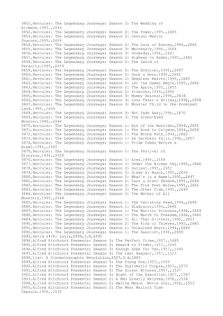 3851,Hercules: The Legendary Journeys: Season 2: The Wedding of
Alcmene,1995,,2664
3852,Hercules: The Legendary Journeys: Season 2: The Power,1995,,2665
3853,Hercules: The Legendary Journeys: Season 2: Centaur Mentor
Journey,1995,,2664
3854,Hercules: The Legendary Journeys: Season 2: The Cave of Echoes,1995,,2662
3855,Hercules: The Legendary Journeys: Season 3: Mercenary,1996,,2668
3856,Hercules: The Legendary Journeys: Season 3: Doomsday,1996,,2667
3857,Hercules: The Legendary Journeys: Season 2: Highway to Hades,1995,,2661
3858,Hercules: The Legendary Journeys: Season 2: The Sword of
Veracity,1995,,2659
3859,Hercules: The Legendary Journeys: Season 2: The Enforcer,1995,,2657
3860,Hercules: The Legendary Journeys: Season 2: Once a Hero,1995,,2661
3861,Hercules: The Legendary Journeys: Season 2: Heedless Hearts,1995,,2665
3862,Hercules: The Legendary Journeys: Season 2: Let the Games Begin,1995,,2660
3863,Hercules: The Legendary Journeys: Season 2: The Apple,1995,,2655
3864,Hercules: The Legendary Journeys: Season 2: Promises,1995,,2665
3865,Hercules: The Legendary Journeys: Season 3: Mummy Dearest,1996,,2634
3866,Hercules: The Legendary Journeys: Season 3: Love Takes a Holiday,1996,,2658
3867,Hercules: The Legendary Journeys: Season 3: Monster Child in the Promised
Land,1996,,2664
3868,Hercules: The Legendary Journeys: Season 3: Not Fade Away,1996,,2670
3869,Hercules: The Legendary Journeys: Season 3: The Green-Eyed
Monster,1996,,2664
3870,Hercules: The Legendary Journeys: Season 1: Eye of the Beholder,1994,,2655
3871,Hercules: The Legendary Journeys: Season 1: The Road to Calydon,1994,,2658
3872,Hercules: The Legendary Journeys: Season 1: The Wrong Path,1994,,2662
3873,Hercules: The Legendary Journeys: Season 1: As Darkness Falls,1994,,2657
3874,Hercules: The Legendary Journeys: Season 1: Pride Comes Before a
Brawl,1994,,2665
3875,Hercules: The Legendary Journeys: Season 1: The Festival of
Dionysus,1994,,2655
3876,Hercules: The Legendary Journeys: Season 1: Ares,1994,,2658
3877,Hercules: The Legendary Journeys: Season 2: Under the Broken Sky,1995,,2646
3878,Hercules: The Legendary Journeys: Season 2: Outcast,1995,,2651
3879,Hercules: The Legendary Journeys: Season 2: Siege at Naxos,1995,,2656
3880,Hercules: The Legendary Journeys: Season 2: What's in a Name?,1995,,2647
3881,Hercules: The Legendary Journeys: Season 2: Cast a Giant Shadow,1995,,2664
3882,Hercules: The Legendary Journeys: Season 2: The Fire Down Below,1995,,2661
3883,Hercules: The Legendary Journeys: Season 2: The Other Side,1995,,2649
3884,Hercules: The Legendary Journeys: Season 2: The Mother of All
Monsters,1995,,2648
3885,Hercules: The Legendary Journeys: Season 1: The Vanishing Dead,1994,,2656
3886,Hercules: The Legendary Journeys: Season 1: Gladiator,1994,,2660
3887,Hercules: The Legendary Journeys: Season 1: The Warrior Princess,1994,,2654
3888,Hercules: The Legendary Journeys: Season 1: The March to Freedom,1994,,2660
3889,Hercules: The Legendary Journeys: Season 2: All That Glitters,1995,,2651
3890,Hercules: The Legendary Journeys: Season 2: The King of Thieves,1995,,2645
3891,Hercules: The Legendary Journeys: Season 1: Unchained Heart,1994,,2664
3892,Hercules: The Legendary Journeys: Season 1: The Gauntlet,1994,,2650
3893,David & Layla,2008,3.0,6391
3894,Alfred Hitchcock Presents: Season 3: The Perfect Crime,1957,,1489
3895,Alfred Hitchcock Presents: Season 3: Reward to Finder,1957,,1545
3896,Alfred Hitchcock Presents: Season 3: Enough Rope for Two,1957,,1540
3897,Alfred Hitchcock Presents: Season 3: The Last Request,1957,,1523
3898,Iran: A Cinematographic Revolution,2007,3.4,5889
3899,Alfred Hitchcock Presents: Season 3: The Young One,1957,,1569
3900,Alfred Hitchcock Presents: Season 3: The Diplomatic Corpse,1957,,1573
3901,Alfred Hitchcock Presents: Season 3: The Silent Witness,1957,,1537
3902,Alfred Hitchcock Presents: Season 3: Night of the Execution,1957,,1547
3903,Alfred Hitchcock Presents: Season 2: A Man Greatly Beloved,1956,,1534
3904,Alfred Hitchcock Presents: Season 2: Martha Mason Movie Star,1956,,1553
3905,Alfred Hitchcock Presents: Season 2: The West Warlock Time
Capsule,1956,,1532
 