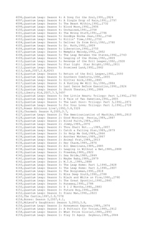 4096,Quantum Leap: Season 4: A Song for the Soul,1991,,2824
4097,Quantum Leap: Season 4: A Single Drop of Rain,1991,,2797
4098,Quantum Leap: Season 5: The Beast Within,1992,,2732
4099,Quantum Leap: Season 5: Blood Moon,1992,,2806
4100,Quantum Leap: Season 4: Unchained,1991,,2758
4101,Quantum Leap: Season 4: The Wrong Stuff,1991,,2794
4102,Quantum Leap: Season 5: Goodbye Norma Jean,1992,,2748
4103,Quantum Leap: Season 5: Killin' Time,1992,,2750
4104,Quantum Leap: Season 5: Deliver Us from Evil,1992,,2780
4105,Quantum Leap: Season 5: Dr. Ruth,1992,,2809
4106,Quantum Leap: Season 5: Liberation,1992,,2750
4107,Quantum Leap: Season 5: Memphis Melody,1992,,2802
4108,Quantum Leap: Season 5: The Leap Between the States,1992,,2743
4109,Quantum Leap: Season 5: Leaping of the Shrew,1992,,2809
4110,Quantum Leap: Season 5: Revenge of the Evil Leaper,1992,,2928
4111,Quantum Leap: Season 5: Star Light Star Bright,1992,,2811
4112,Quantum Leap: Season 5: Promised Land,1992,,2842
4113,Cash,2007,2.8,8263
4114,Quantum Leap: Season 5: Return of the Evil Leaper,1992,,2693
4115,Quantum Leap: Season 3: Southern Comforts,1990,,2855
4116,Quantum Leap: Season 3: Glitter Rock,1990,,2885
4117,Quantum Leap: Season 3: A Hunting We Will Go,1990,,2884
4118,Quantum Leap: Season 3: Last Dance Before Execution,1990,,2824
4119,Quantum Leap: Season 3: Shock Theater,1990,,2884
4120,Liberty Kid,2007,3.3,5497
4121,Quantum Leap: Season 5: One Little Heart; Trilogy: Part 1,1992,,2783
4122,Quantum Leap: Season 5: A Tale of Two Sweeties,1992,,2805
4123,Quantum Leap: Season 5: The Last Door: Trilogy: Part 3,1992,,2871
4124,Quantum Leap: Season 5: For Your Love; Trilogy: Part 2,1992,,2728
4125,Rowan Atkinson Live!,1992,3.8,3326
4126,Charmed: Season 8,2005,3.7,
4127,Quantum Leap: Season 2: The Americanization of Machiko,1989,,2810
4128,Quantum Leap: Season 2: Good Morning Peoria,1989,,2887
4129,Quantum Leap: Season 2: Blind Faith,1989,,2825
4130,Quantum Leap: Season 2: Jimmy,1989,,2870
4131,Quantum Leap: Season 2: Thou Shalt Not...,1989,,2857
4132,Quantum Leap: Season 2: Catch a Falling Star,1989,,2879
4133,Quantum Leap: Season 2: So Help Me God,1989,,2866
4134,Quantum Leap: Season 2: Another Mother,1989,,2867
4135,Quantum Leap: Season 2: Animal Frat,1989,,2813
4136,Quantum Leap: Season 2: Her Charm,1989,,2876
4137,Quantum Leap: Season 2: All Americans,1989,,2885
4138,Quantum Leap: Season 2: Leaping in Without a Net,1989,,2888
4139,Quantum Leap: Season 2: Freedom,1989,,2822
4140,Quantum Leap: Season 2: Sea Bride,1989,,2849
4141,Quantum Leap: Season 2: Maybe Baby,1989,,2879
4142,Quantum Leap: Season 2: M.I.A.,1989,,2888
4143,Quantum Leap: Season 3: The Leap Home: Part 1,1990,,2828
4144,Quantum Leap: Season 3: The Leap Home: Part 2,1990,,2807
4145,Quantum Leap: Season 3: The Boogieman,1990,,2818
4146,Quantum Leap: Season 3: Miss Deep South,1990,,2788
4147,Quantum Leap: Season 3: Black and White on Fire,1990,,2790
4148,Quantum Leap: Season 3: The Great Spontini,1990,,2845
4149,Quantum Leap: Season 3: Runaway,1990,,2788
4150,Quantum Leap: Season 3: 8 1 2 Months,1990,,2883
4151,Quantum Leap: Season 3: Future Boy,1990,,2886
4152,Quantum Leap: Season 3: Piano Man,1990,,2823
4153,The Castle,1997,2.9,7378
4154,Bones: Season 3,2007,4.1,
4155,McLeod's Daughters: Season 3,2003,3.8,
4156,Quantum Leap: Season 2: Honeymoon Express,1989,,2874
4157,Quantum Leap: Season 2: A Portrait for Troian,1989,,2812
4158,Quantum Leap: Season 2: What Price Gloria?,1989,,2893
4159,Quantum Leap: Season 1: Play It Again Seymour,1989,,2844
 