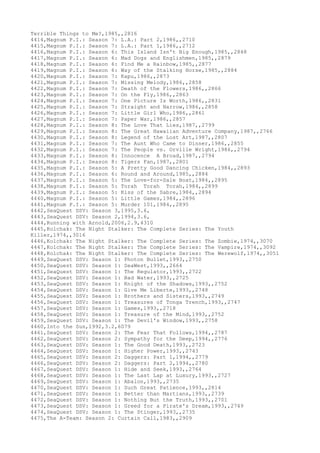 Terrible Things to Me?,1985,,2816
4414,Magnum P.I.: Season 7: L.A.: Part 2,1986,,2710
4415,Magnum P.I.: Season 7: L.A.: Part 1,1986,,2712
4416,Magnum P.I.: Season 6: This Island Isn't Big Enough,1985,,2848
4417,Magnum P.I.: Season 6: Mad Dogs and Englishmen,1985,,2879
4418,Magnum P.I.: Season 6: Find Me a Rainbow,1985,,2877
4419,Magnum P.I.: Season 6: Way of the Stalking Horse,1985,,2884
4420,Magnum P.I.: Season 7: Kapu,1986,,2873
4421,Magnum P.I.: Season 7: Missing Melody,1986,,2858
4422,Magnum P.I.: Season 7: Death of the Flowers,1986,,2866
4423,Magnum P.I.: Season 7: On the Fly,1986,,2863
4424,Magnum P.I.: Season 7: One Picture Is Worth,1986,,2831
4425,Magnum P.I.: Season 7: Straight and Narrow,1986,,2858
4426,Magnum P.I.: Season 7: Little Girl Who,1986,,2861
4427,Magnum P.I.: Season 7: Paper War,1986,,2857
4428,Magnum P.I.: Season 8: The Love That Lies,1987,,2799
4429,Magnum P.I.: Season 8: The Great Hawaiian Adventure Company,1987,,2766
4430,Magnum P.I.: Season 8: Legend of the Lost Art,1987,,2807
4431,Magnum P.I.: Season 7: The Aunt Who Came to Dinner,1986,,2855
4432,Magnum P.I.: Season 7: The People vs. Orville Wright,1986,,2794
4433,Magnum P.I.: Season 8: Innocence A Broad,1987,,2794
4434,Magnum P.I.: Season 8: Tigers Fan,1987,,2801
4435,Magnum P.I.: Season 5: A Pretty Good Dancing Chicken,1984,,2893
4436,Magnum P.I.: Season 6: Round and Around,1985,,2884
4437,Magnum P.I.: Season 5: The Love-for-Sale Boat,1984,,2895
4438,Magnum P.I.: Season 5: Torah Torah Torah,1984,,2899
4439,Magnum P.I.: Season 5: Kiss of the Sabre,1984,,2894
4440,Magnum P.I.: Season 5: Little Games,1984,,2896
4441,Magnum P.I.: Season 5: Murder 101,1984,,2895
4442,SeaQuest DSV: Season 3,1995,3.6,
4443,SeaQuest DSV: Season 2,1994,3.6,
4444,Running with Arnold,2006,2.9,4310
4445,Kolchak: The Night Stalker: The Complete Series: The Youth
Killer,1974,,3016
4446,Kolchak: The Night Stalker: The Complete Series: The Zombie,1974,,3070
4447,Kolchak: The Night Stalker: The Complete Series: The Vampire,1974,,3092
4448,Kolchak: The Night Stalker: The Complete Series: The Werewolf,1974,,3051
4449,SeaQuest DSV: Season 1: Photon Bullet,1993,,2750
4450,SeaQuest DSV: Season 1: SeaWest,1993,,2664
4451,SeaQuest DSV: Season 1: The Regulator,1993,,2722
4452,SeaQuest DSV: Season 1: Bad Water,1993,,2725
4453,SeaQuest DSV: Season 1: Knight of the Shadows,1993,,2752
4454,SeaQuest DSV: Season 1: Give Me Liberte,1993,,2748
4455,SeaQuest DSV: Season 1: Brothers and Sisters,1993,,2749
4456,SeaQuest DSV: Season 1: Treasures of Tonga Trench,1993,,2747
4457,SeaQuest DSV: Season 1: Games,1993,,2718
4458,SeaQuest DSV: Season 1: Treasure of the Mind,1993,,2752
4459,SeaQuest DSV: Season 1: The Devil's Window,1993,,2758
4460,Into the Sun,1992,3.2,6079
4461,SeaQuest DSV: Season 2: The Fear That Follows,1994,,2787
4462,SeaQuest DSV: Season 2: Sympathy for the Deep,1994,,2776
4463,SeaQuest DSV: Season 1: The Good Death,1993,,2723
4464,SeaQuest DSV: Season 1: Higher Power,1993,,2743
4465,SeaQuest DSV: Season 2: Daggers: Part 1,1994,,2779
4466,SeaQuest DSV: Season 2: Daggers: Part 2,1994,,2780
4467,SeaQuest DSV: Season 1: Hide and Seek,1993,,2764
4468,SeaQuest DSV: Season 1: The Last Lap at Luxury,1993,,2727
4469,SeaQuest DSV: Season 1: Abalon,1993,,2735
4470,SeaQuest DSV: Season 1: Such Great Patience,1993,,2814
4471,SeaQuest DSV: Season 1: Better than Martians,1993,,2739
4472,SeaQuest DSV: Season 1: Nothing But the Truth,1993,,2701
4473,SeaQuest DSV: Season 1: Greed for a Pirate's Dream,1993,,2749
4474,SeaQuest DSV: Season 1: The Stinger,1993,,2735
4475,The A-Team: Season 2: Curtain Call,1983,,2909
 
