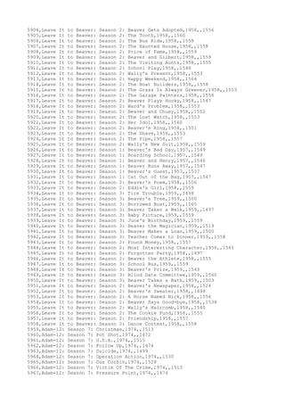 5904,Leave It to Beaver: Season 2: Beaver Gets Adopted,1958,,1556
5905,Leave It to Beaver: Season 2: The Tooth,1958,,1560
5906,Leave It to Beaver: Season 2: The Bus Ride,1958,,1559
5907,Leave It to Beaver: Season 2: The Haunted House,1958,,1558
5908,Leave It to Beaver: Season 2: Price of Fame,1958,,1559
5909,Leave It to Beaver: Season 2: Beaver and Gilbert,1958,,1559
5910,Leave It to Beaver: Season 2: The Visiting Aunts,1958,,1555
5911,Leave It to Beaver: Season 2: School Play,1958,,1548
5912,Leave It to Beaver: Season 2: Wally's Present,1958,,1553
5913,Leave It to Beaver: Season 2: Happy Weekend,1958,,1564
5914,Leave It to Beaver: Season 2: The Boat Builders,1958,,1558
5915,Leave It to Beaver: Season 2: The Grass Is Always Greener,1958,,1553
5916,Leave It to Beaver: Season 2: The Garage Painters,1958,,1558
5917,Leave It to Beaver: Season 2: Beaver Plays Hooky,1958,,1547
5918,Leave It to Beaver: Season 2: Ward's Problem,1958,,1553
5919,Leave It to Beaver: Season 2: Beaver and Chuey,1958,,1552
5920,Leave It to Beaver: Season 2: The Lost Watch,1958,,1553
5921,Leave It to Beaver: Season 2: Her Idol,1958,,1560
5922,Leave It to Beaver: Season 2: Beaver's Ring,1958,,1551
5923,Leave It to Beaver: Season 2: The Shave,1958,,1553
5924,Leave It to Beaver: Season 2: The Pipe,1958,,1557
5925,Leave It to Beaver: Season 2: Wally's New Suit,1958,,1559
5926,Leave It to Beaver: Season 1: Beaver's Bad Day,1957,,1549
5927,Leave It to Beaver: Season 1: Boarding School,1957,,1549
5928,Leave It to Beaver: Season 1: Beaver and Henry,1957,,1546
5929,Leave It to Beaver: Season 1: Beaver Runs Away,1957,,1547
5930,Leave It to Beaver: Season 1: Beaver's Guest,1957,,1537
5931,Leave It to Beaver: Season 1: Cat Out of the Bag,1957,,1547
5932,Leave It to Beaver: Season 2: Beaver's Poem,1958,,1556
5933,Leave It to Beaver: Season 2: Eddie's Girl,1958,,1559
5934,Leave It to Beaver: Season 3: Tire Trouble,1959,,1498
5935,Leave It to Beaver: Season 3: Beaver's Tree,1959,,1500
5936,Leave It to Beaver: Season 3: Borrowed Boat,1959,,1565
5937,Leave It to Beaver: Season 3: Beaver Takes a Walk,1959,,1497
5938,Leave It to Beaver: Season 3: Baby Picture,1959,,1559
5939,Leave It to Beaver: Season 3: June's Birthday,1959,,1559
5940,Leave It to Beaver: Season 3: Beaver the Magician,1959,,1519
5941,Leave It to Beaver: Season 3: Beaver Makes a Loan,1959,,1500
5942,Leave It to Beaver: Season 3: Teacher Comes to Dinner,1959,,1558
5943,Leave It to Beaver: Season 2: Found Money,1958,,1557
5944,Leave It to Beaver: Season 2: Most Interesting Character,1958,,1561
5945,Leave It to Beaver: Season 2: Forgotten Party,1958,,1497
5946,Leave It to Beaver: Season 2: Beaver the Athlete,1958,,1555
5947,Leave It to Beaver: Season 3: School Bus,1959,,1559
5948,Leave It to Beaver: Season 3: Beaver's Prize,1959,,1543
5949,Leave It to Beaver: Season 3: Blind Date Committee,1959,,1560
5950,Leave It to Beaver: Season 3: Beaver Takes a Bath,1959,,1503
5951,Leave It to Beaver: Season 2: Beaver's Newspaper,1958,,1524
5952,Leave It to Beaver: Season 2: Beaver's Sweater,1958,,1499
5953,Leave It to Beaver: Season 2: A Horse Named Nick,1958,,1554
5954,Leave It to Beaver: Season 2: Beaver Says Good-bye,1958,,1538
5955,Leave It to Beaver: Season 2: Wally's Haircomb,1958,,1540
5956,Leave It to Beaver: Season 2: The Cookie Fund,1958,,1555
5957,Leave It to Beaver: Season 2: Friendship,1958,,1557
5958,Leave It to Beaver: Season 2: Dance Contest,1958,,1558
5959,Adam-12: Season 7: Christmas,1974,,1513
5960,Adam-12: Season 7: Pot Shot,1974,,1472
5961,Adam-12: Season 7: G.T.A.,1974,,1515
5962,Adam-12: Season 7: Follow Up,1974,,1474
5963,Adam-12: Season 7: Suicide,1974,,1499
5964,Adam-12: Season 7: Operation Action,1974,,1530
5965,Adam-12: Season 7: Gus Corbin,1974,,1528
5966,Adam-12: Season 7: Victim Of The Crime,1974,,1513
5967,Adam-12: Season 7: Pressure Point,1974,,1474
 