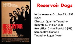 Reservoir Dogs
Initial release: October 23, 1992
(USA)
Director: Quentin Tarantino
Budget: 1.2 million USD
Box office: 2.8...