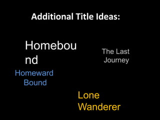 Additional Title Ideas:
Homebou
nd
Lone
Wanderer
The Last
Journey
Homeward
Bound
 