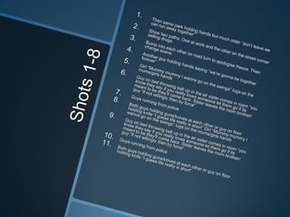 Shots 1-8Then same park holding hands but much older “don’t leave we can run away together” Show two paths. One at work and the other on the street corner selling drugs.Bump into each other on road turn to apologise freeze. Then change scene. Another guy holding hands saying “we’re gonna be together forever”Girl “Mummy mummy I wanna go on the swings” tugs on the mums/girls hands  Guy on bed throwing ball up in the air sister comes in room “you know they say if you really loves someone let them go if its meant to be they’ll come back. Sister leaves the room brother/ guy “if not willingly then by force”. Guys running from police  Both guys holding guns/knives at each other or guy on floor holding knife “I guess life really is short” Girl “Mummy mummy I wanna go on the swings” tugs on the mums/girls hands  Guy on bed throwing ball up in the air sister comes in room “you know they say if you really loves someone let them go if its meant to be they’ll come back. Sister leaves the room brother/ guy “if not willingly then by force”. Guys running from police  Both guys holding guns/knives at each other or guy on floor holding knife “I guess life really is short” 
