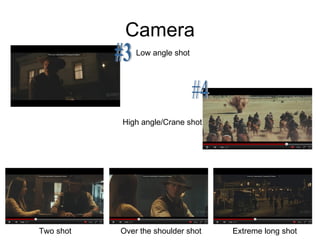 Camera #3 #4 Low angle shot High angle/Crane shot Two shot Over the shoulder shot Extreme long shot 