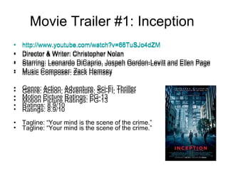 Movie Trailer #1: Inception  http://www.youtube.com/watch?v=66TuSJo4dZM Director & Writer: Christopher Nolan  Starring: Leonardo DiCaprio, Jospeh Gordon-Levitt and Ellen Page  Music Composer: Zack Hemsey  Genre: Action, Adventure, Sci-Fi, Thriller  Motion Picture Ratings: PG-13 Ratings: 8.9/10 Tagline: “Your mind is the scene of the crime.”  http://www.youtube.com/watch?v=66TuSJo4dZM Director & Writer: Christopher Nolan  Starring: Leonardo DiCaprio, Jospeh Gordon-Levitt and Ellen Page  Music Composer: Zack Hemsey  Genre: Action, Adventure, Sci-Fi, Thriller  Motion Picture Ratings: PG-13 Ratings: 8.9/10 Tagline: “Your mind is the scene of the crime.”  