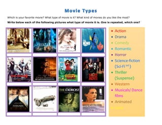 Which is your favorite movie? What type of movie is it? What kind of movies do you like the most?
Write below each of the following pictures what type of movie it is. One is repeated, which one?
 Action
 Drama
 Comedy
 Romantic
 Horror
 Science-fiction
(Sci-Fi inf.
)
 Thriller
(Suspense)
 Western
 Musicals/ Dance
films
 Animated
 Gore
 