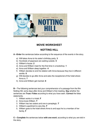 MOVIE WORKSHEET
NOTTING HILL
A –Order the sentences below according to the sequence of the events in the story.
Will takes Anna to his sister‟s birthday party. 3
Hundreds of paparazzi are waiting outside. 5
William‟s house. 2
Anna and William meet for the first time in a bookshop. 1
Anna and William sleep together. 4
William decides to end his relation with Anna because they live in different
worlds. 6
g) Will decides to go after Anna and asks the receptionist of the hotel where
Anna is. 7
h) Anna and William get married. 8
a)
b)
c)
d)
e)
f)

B – The following sentences test your comprehension of a passage from the film
Notting Hill, some days after Anna and William‟s first meeting. Say whether the
sentences are Trueor False according to what you have seen. Correct the false
statements.
1. William works in a hotel. F
2. Anna loves William. T
3. William has two sisters and one is paraplegic. T
4. William‟s apartment is very tidy. F
5. William goes to the hotel where Anna is and says he is a member of her
family. F
C – Complete the sentences below with one word, according to what you are told in
the story.

 