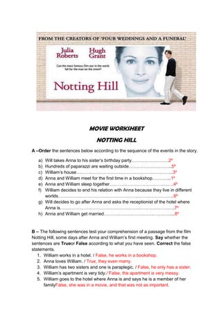 MOVIE WORKSHEET
NOTTING HILL
A –Order the sentences below according to the sequence of the events in the story.
Will takes Anna to his sister‟s birthday party.……………………2º
Hundreds of paparazzi are waiting outside………………………..5º
William‟s house………………………………………………………..3º
Anna and William meet for the first time in a bookshop.………...1º
Anna and William sleep together…………………………………….4º
William decides to end his relation with Anna because they live in different
worlds.…………………………………………………………………..6º
g) Will decides to go after Anna and asks the receptionist of the hotel where
Anna is…………………………………………………………………..7º
h) Anna and William get married………………………………………...8º
a)
b)
c)
d)
e)
f)

B – The following sentences test your comprehension of a passage from the film
Notting Hill, some days after Anna and William‟s first meeting. Say whether the
sentences are Trueor False according to what you have seen. Correct the false
statements.
1. William works in a hotel. / False, he works in a bookshop.
2. Anna loves William. / True, they even marry.
3. William has two sisters and one is paraplegic. / False, he only has a sister.
4. William‟s apartment is very tidy./ False, the apartment is very messy.
5. William goes to the hotel where Anna is and says he is a member of her
familyFalse, she was in a movie, and that was not as important.

 