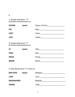 10
I
1- Sonido corto de la '' i ''
El sonido lo encontramos en:
FIGURE repeat Figura o Forma__________________
FIG Higo___________________________
VISIT Visita__________________________
LIPS Labios_________________________
2- Sonido largo de la '' i ''
El sonido lo encontramos en:
HI repeat Hola__________________________
HIGH Alto___________________________
PRICE Precio_________________________
MINOR Menor_________________________
3- Otro Sonido de la '' i '' como en:
BIOLOGIC repeat Biológico________________________
LION León___________________________
BIOGRAPHER Biógrafo_________________________
IODINE Yodo___________________________
 
